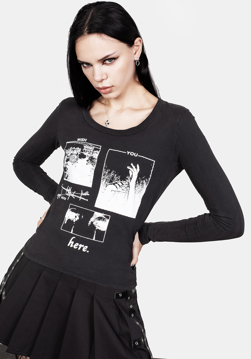 Vintage Washed Black Scoop Neck T-Shirt | Slim Fit Long Sleeve Cotton Tee