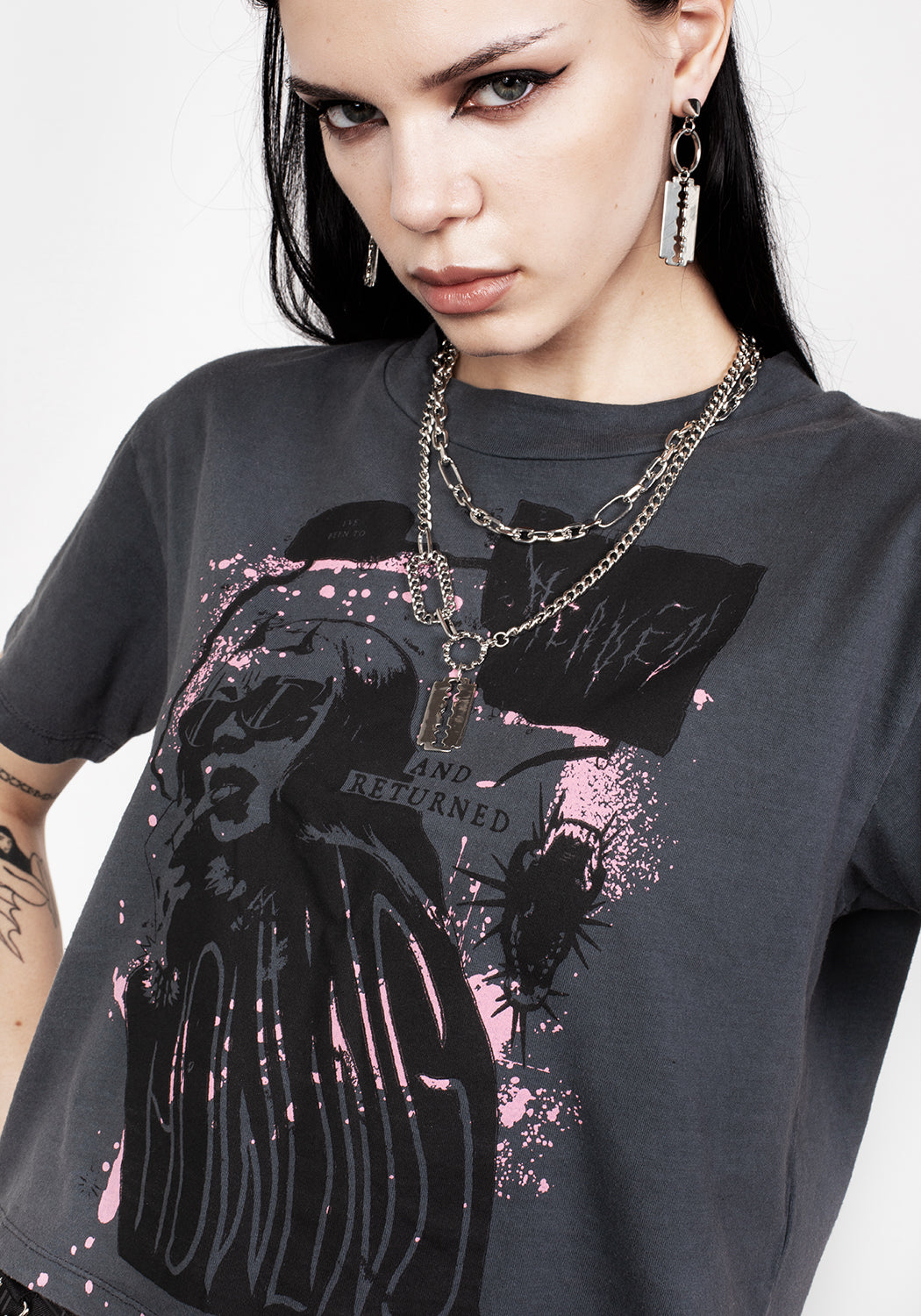 Vintage Washed Grey Boxy Crop T-Shirt with Graphic Print | Howling