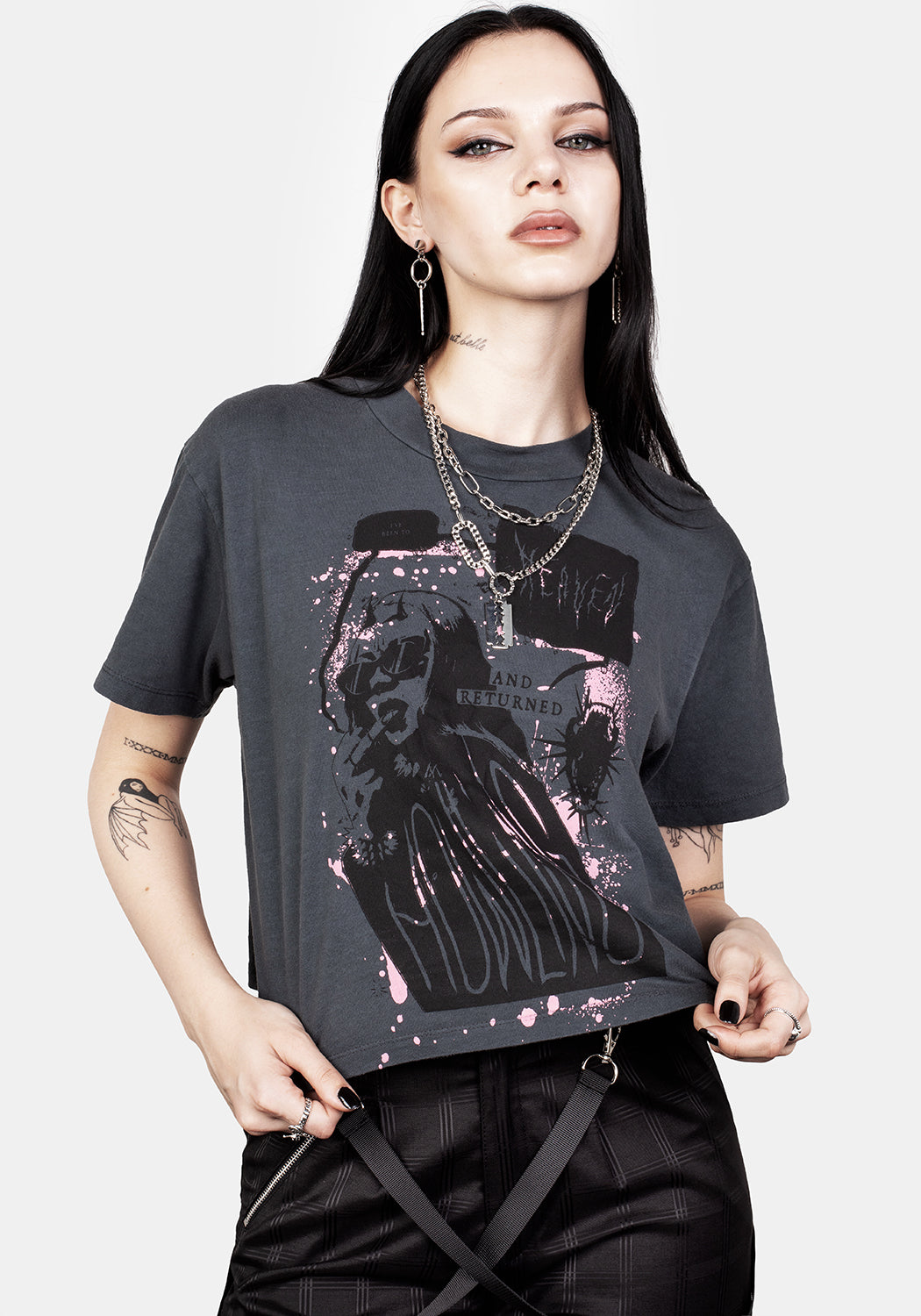 Vintage Washed Grey Boxy Crop T-Shirt with Graphic Print | Howling