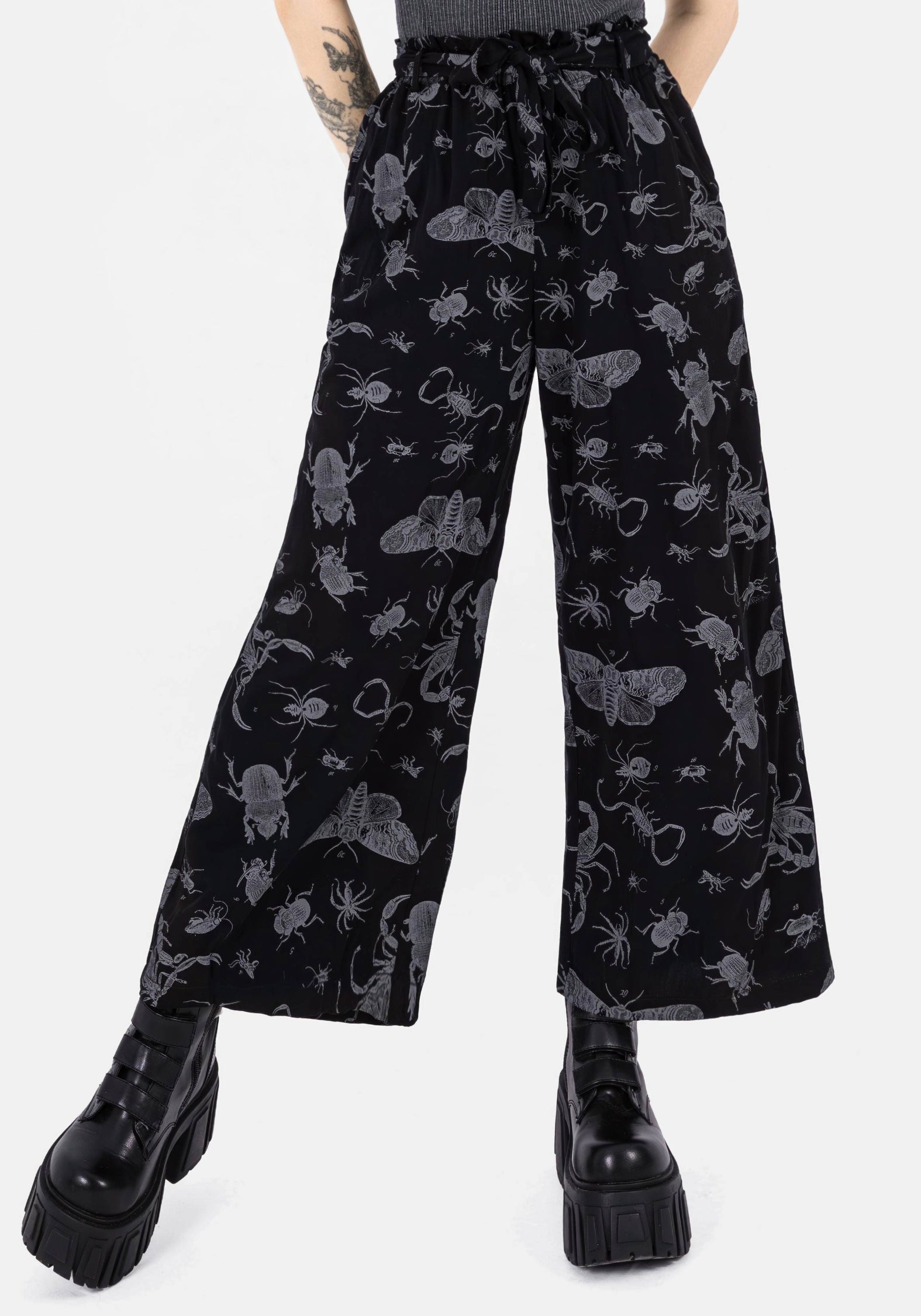 Black Bugs Print Wide Leg Culotte Trousers with Paperbag Waist