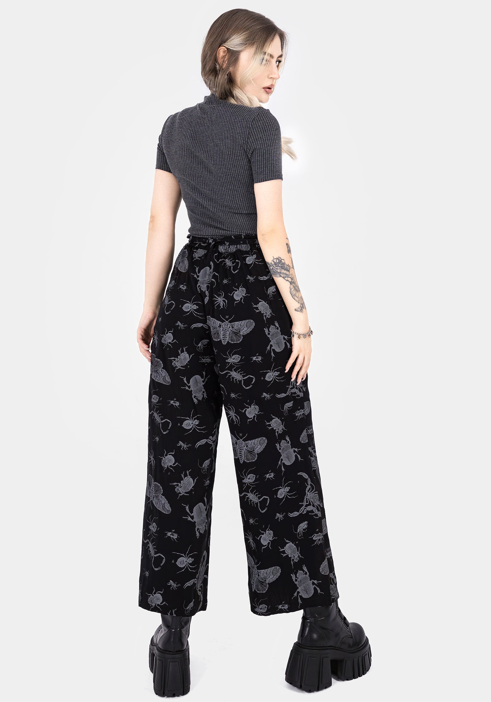 Black Bugs Print Wide Leg Culotte Trousers with Paperbag Waist