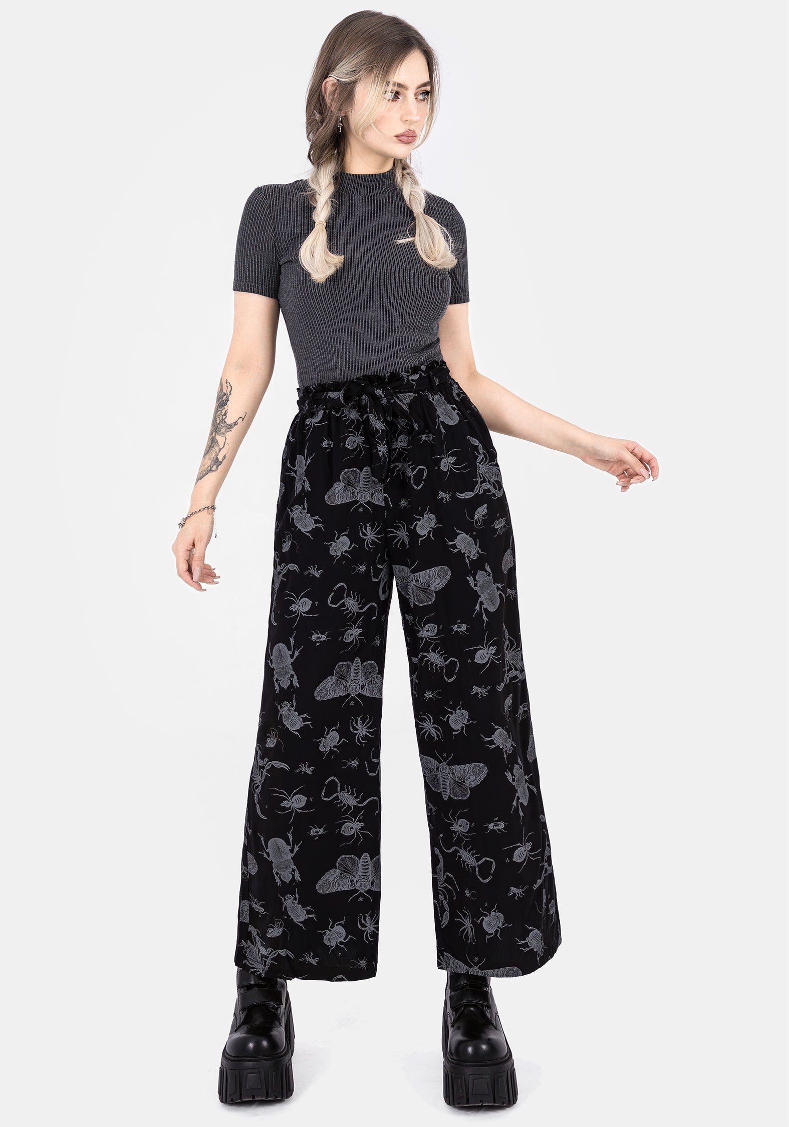 Black Bugs Print Wide Leg Culotte Trousers with Paperbag Waist