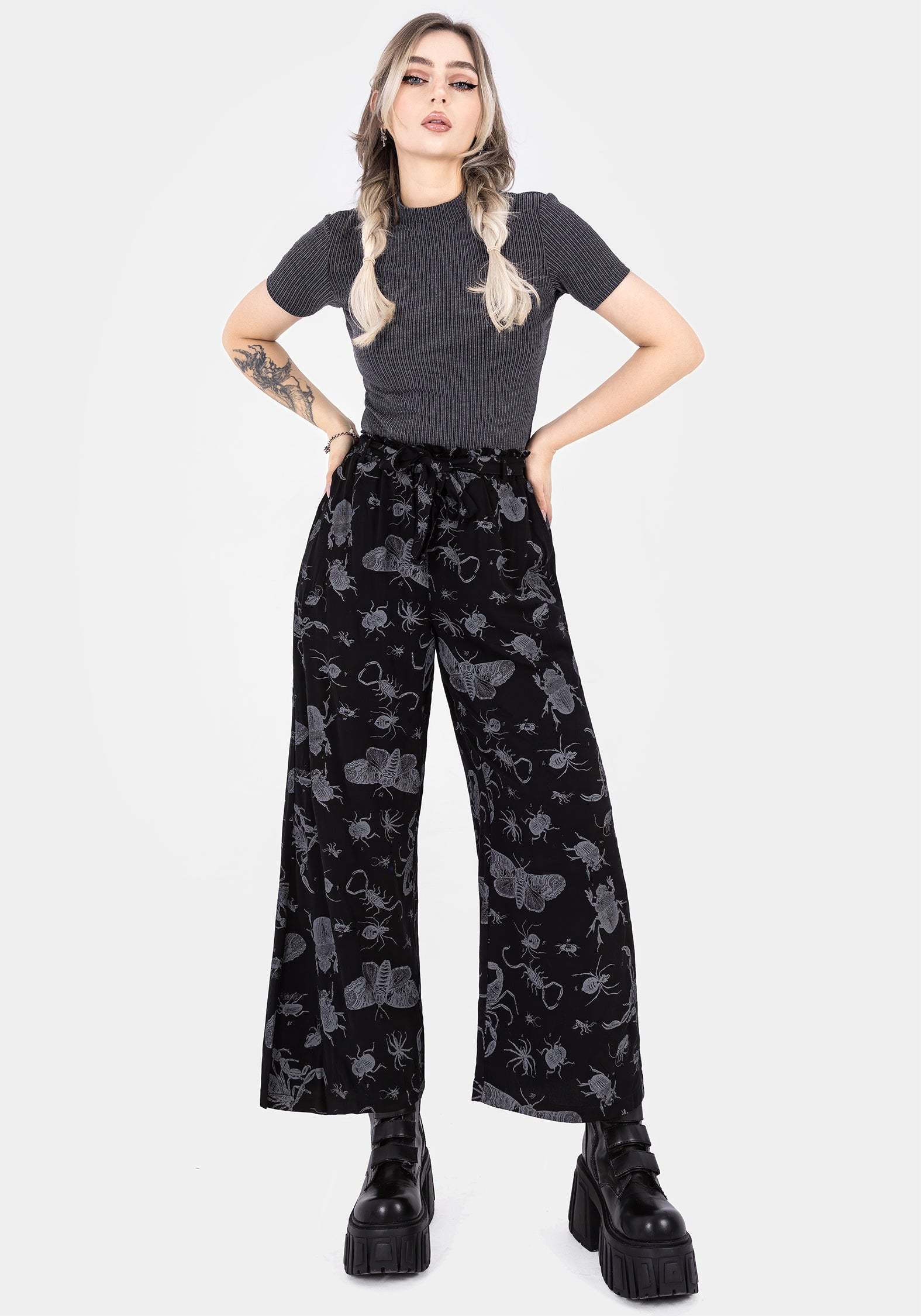 Black Bugs Print Wide Leg Culotte Trousers with Paperbag Waist