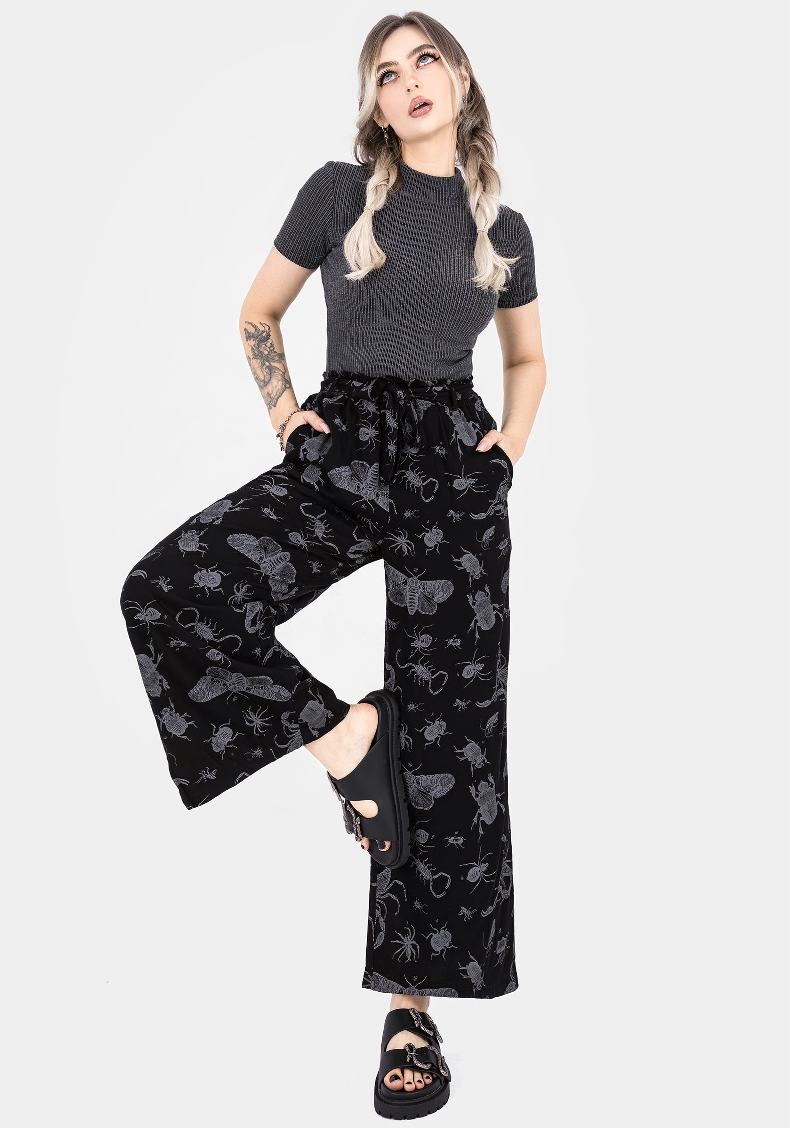 Black Bugs Print Wide Leg Culotte Trousers with Paperbag Waist