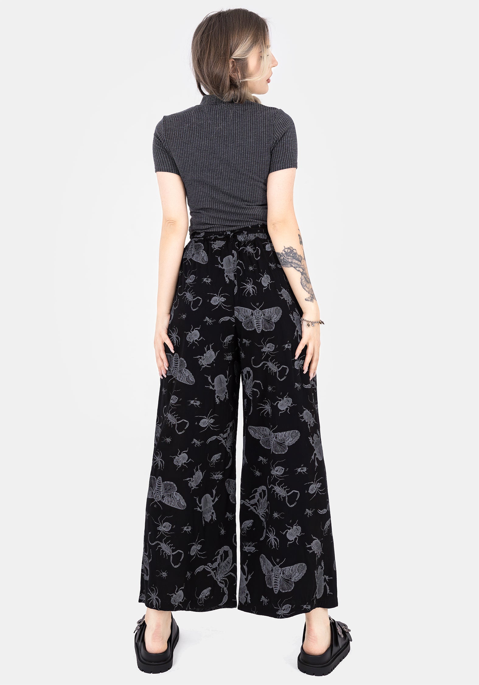 Black Bugs Print Wide Leg Culotte Trousers with Paperbag Waist