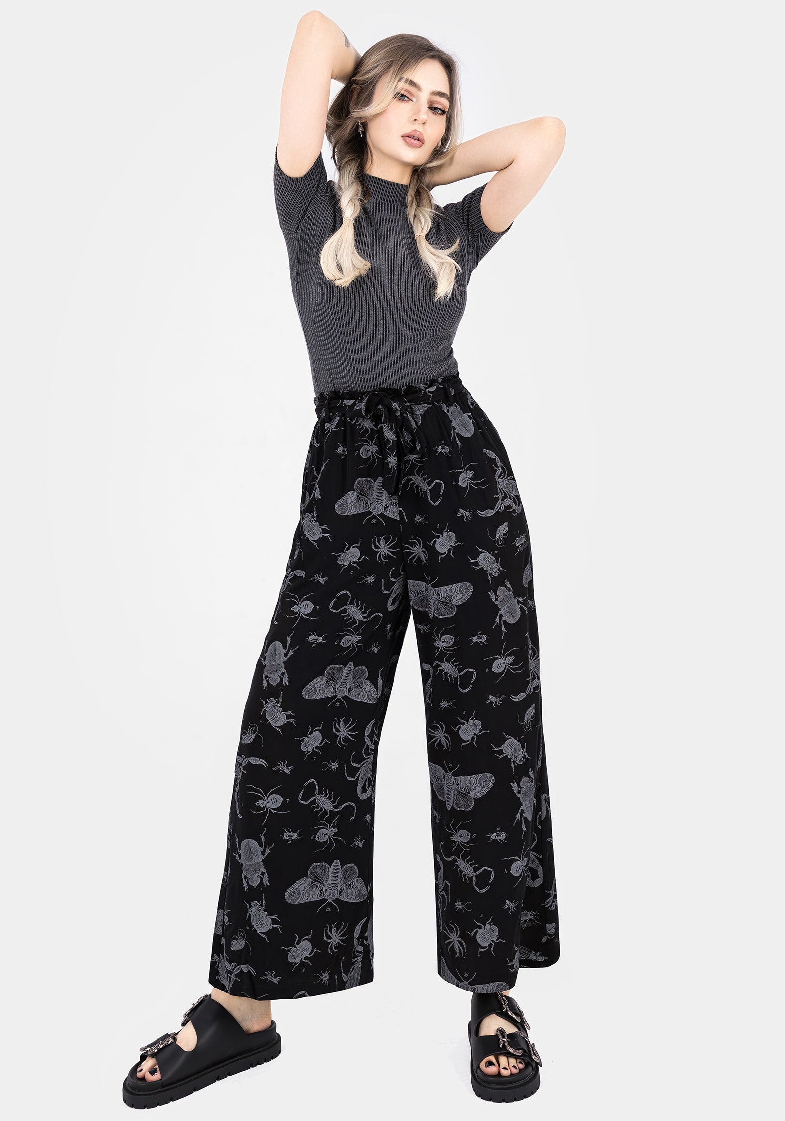 Black Bugs Print Wide Leg Culotte Trousers with Paperbag Waist