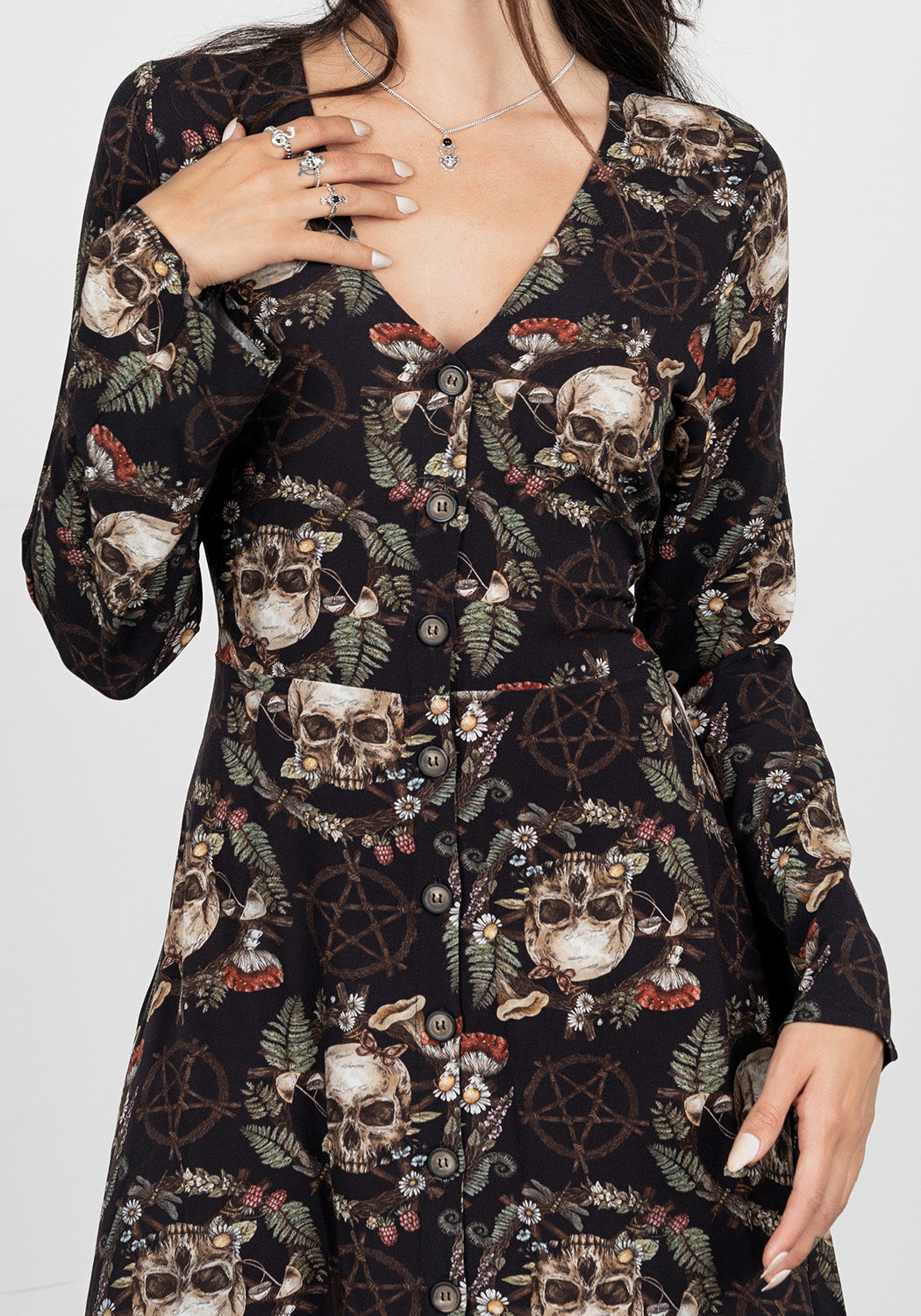 Printed Flared Sleeve Midaxi Dress with V-Neck & Horn Buttons | Goliath