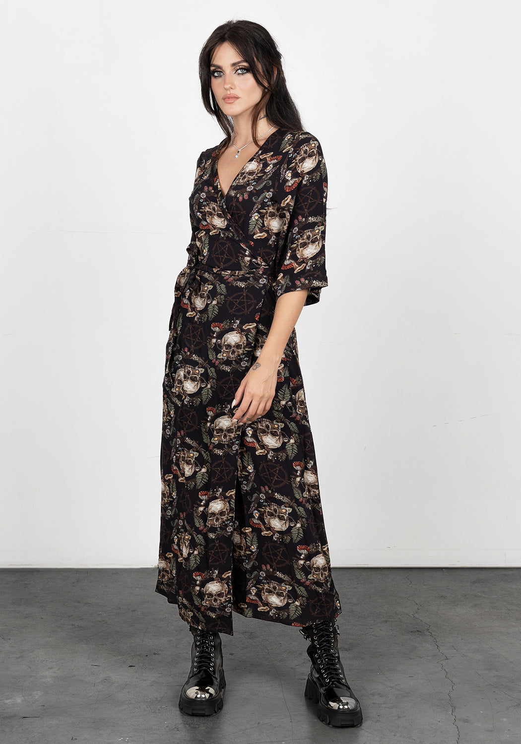 Printed Flared Sleeve Midaxi Dress with V-Neck & Horn Buttons | Goliath