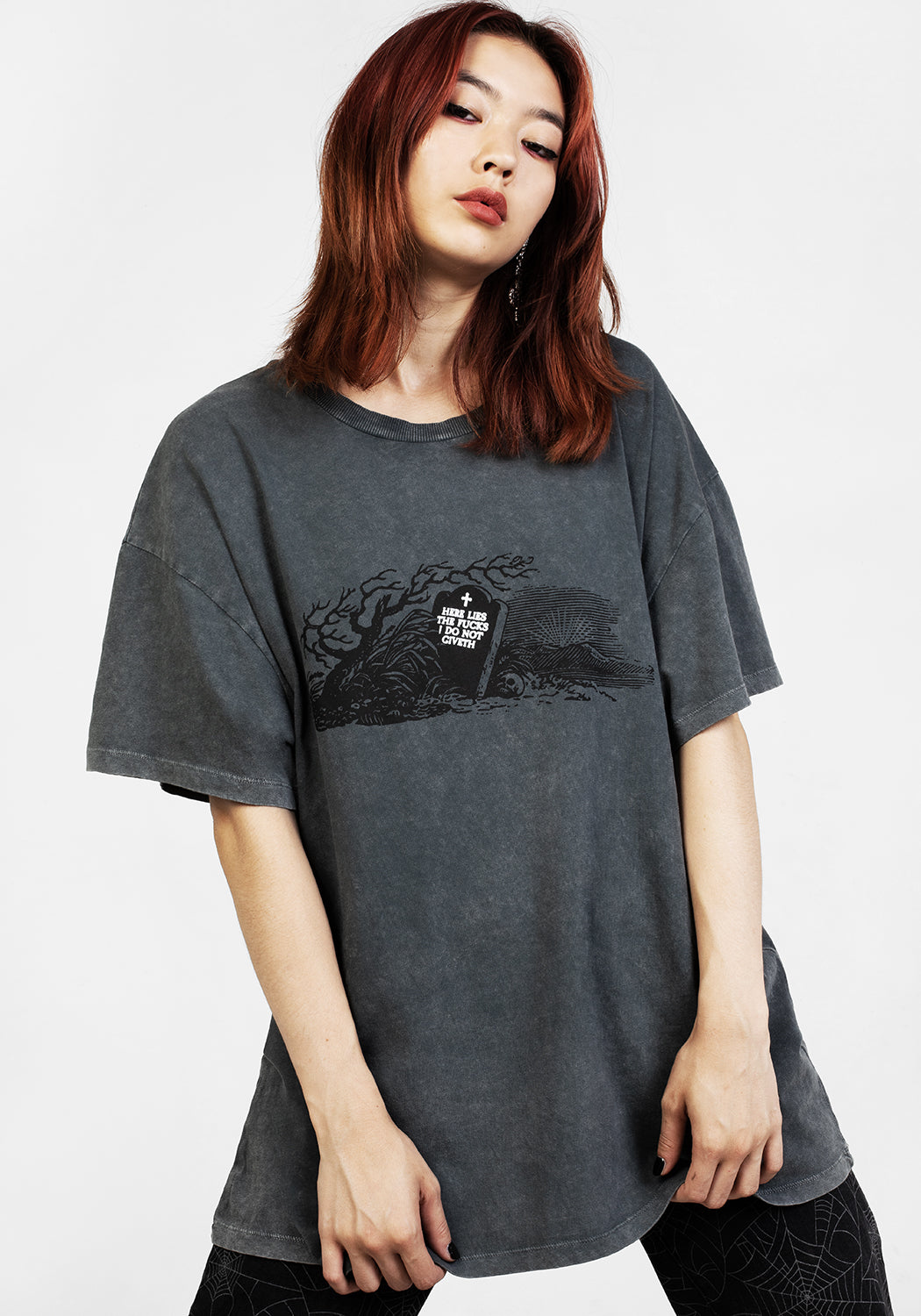 Grey Acid Wash Oversized Graphic T-Shirt | Here Lies Tee
