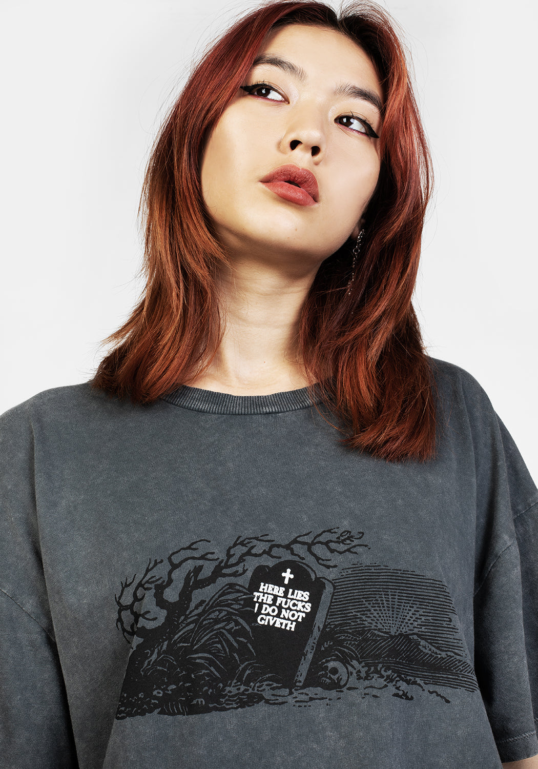 Grey Acid Wash Oversized Graphic T-Shirt | Here Lies Tee