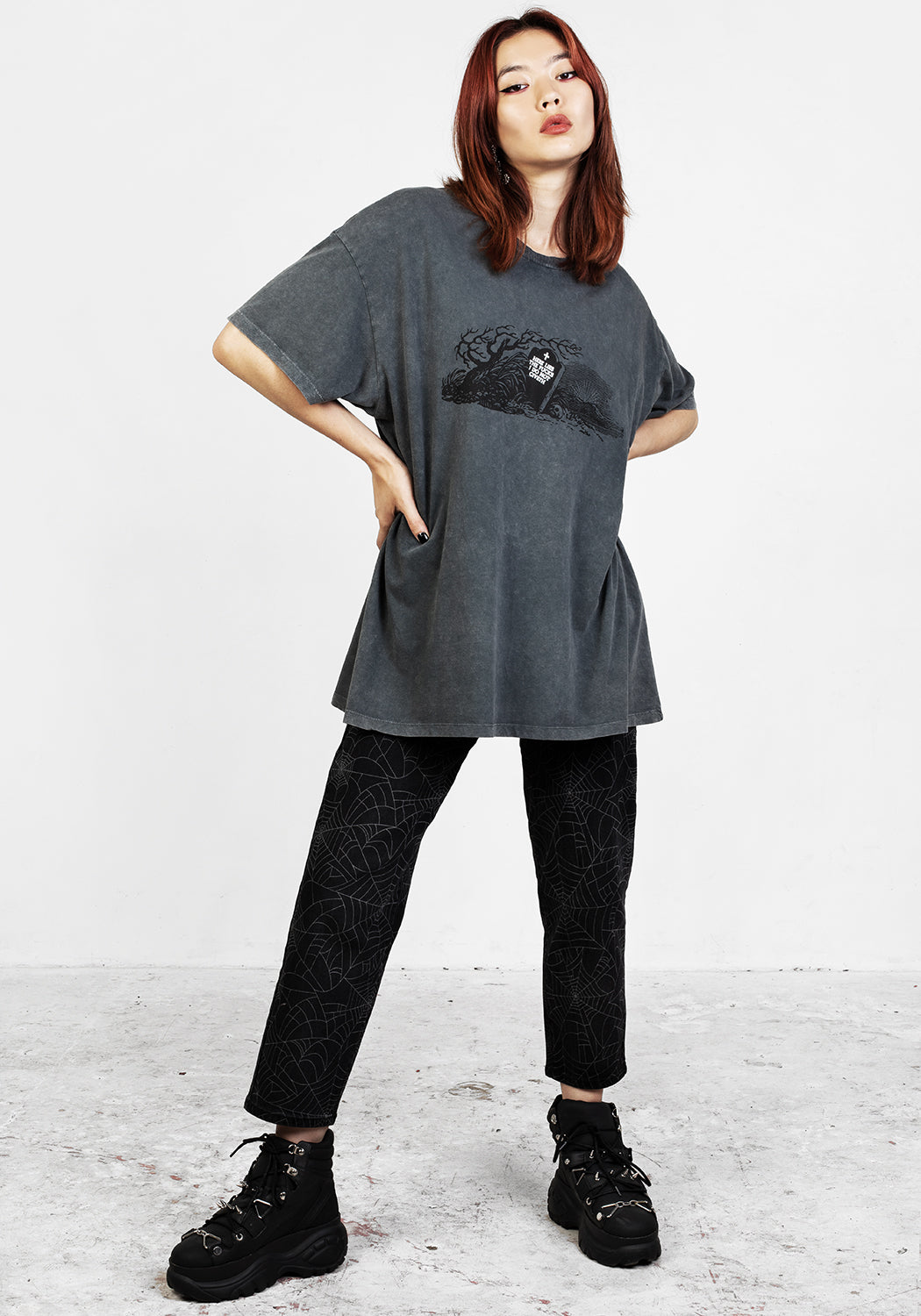Grey Acid Wash Oversized Graphic T-Shirt | Here Lies Tee