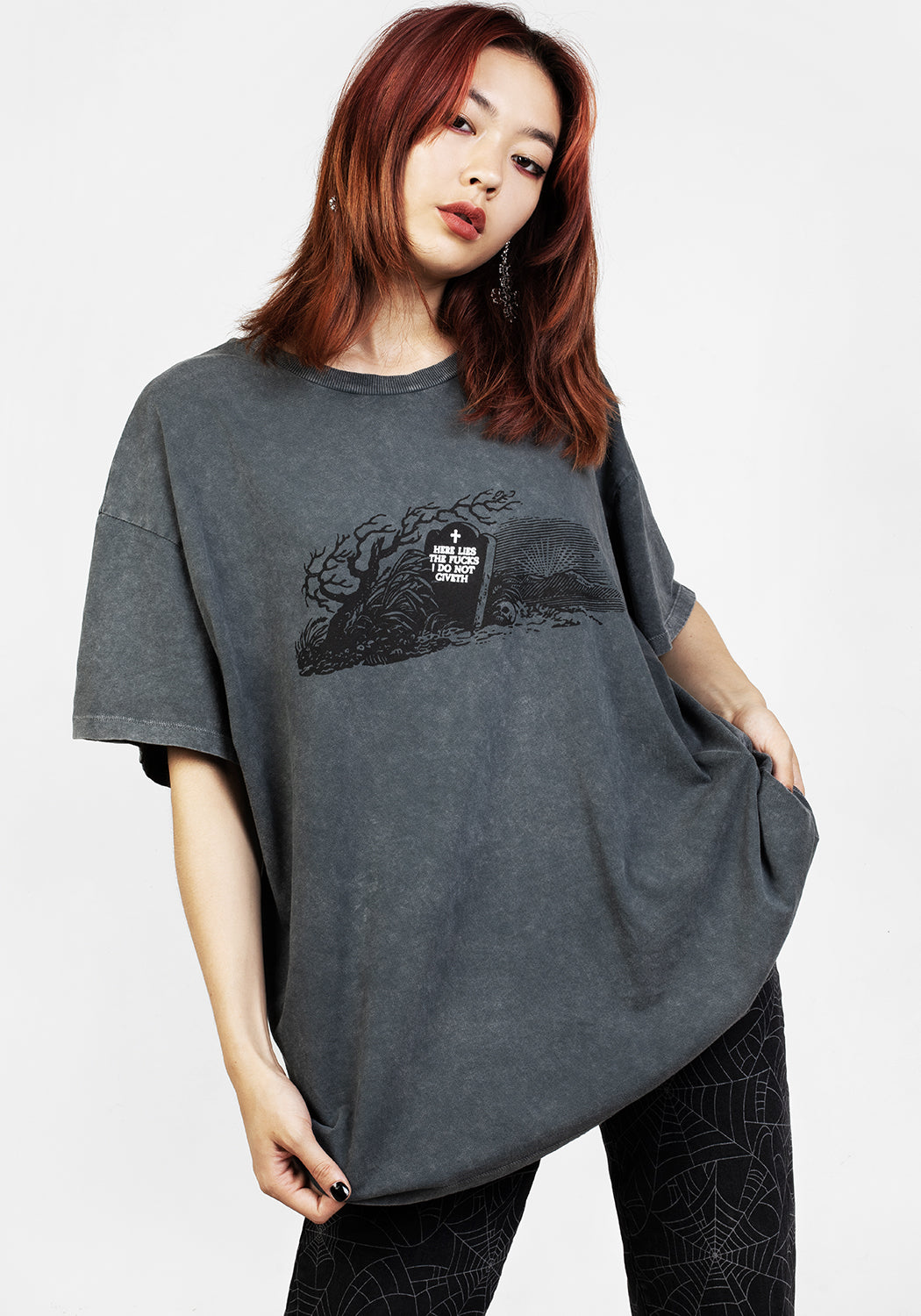 Grey Acid Wash Oversized Graphic T-Shirt | Here Lies Tee