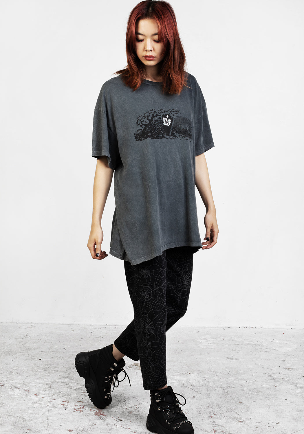 Grey Acid Wash Oversized Graphic T-Shirt | Here Lies Tee