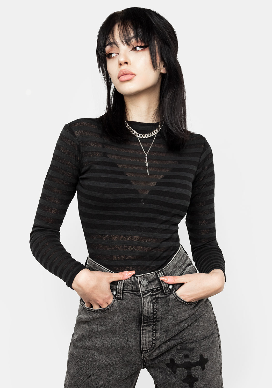 Black Sheer Striped Bodysuit with Long Sleeves | Gomez