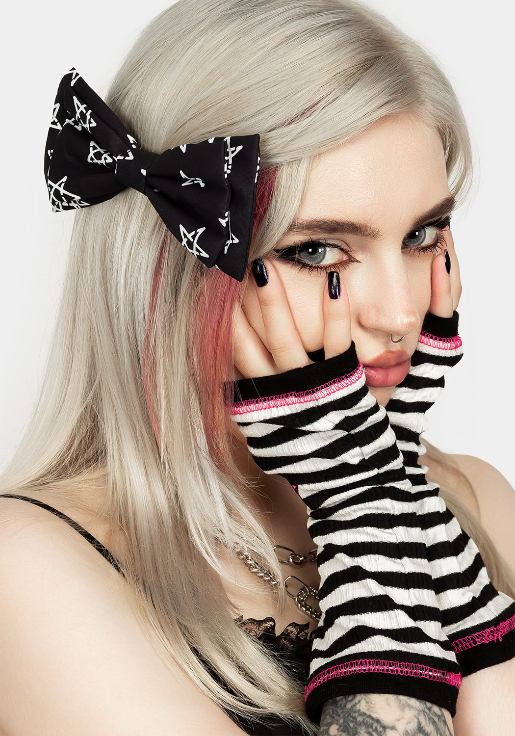 Black Clip-In Hair Bow with Silver Slide & Star Print | Stiff Fabric for Volume