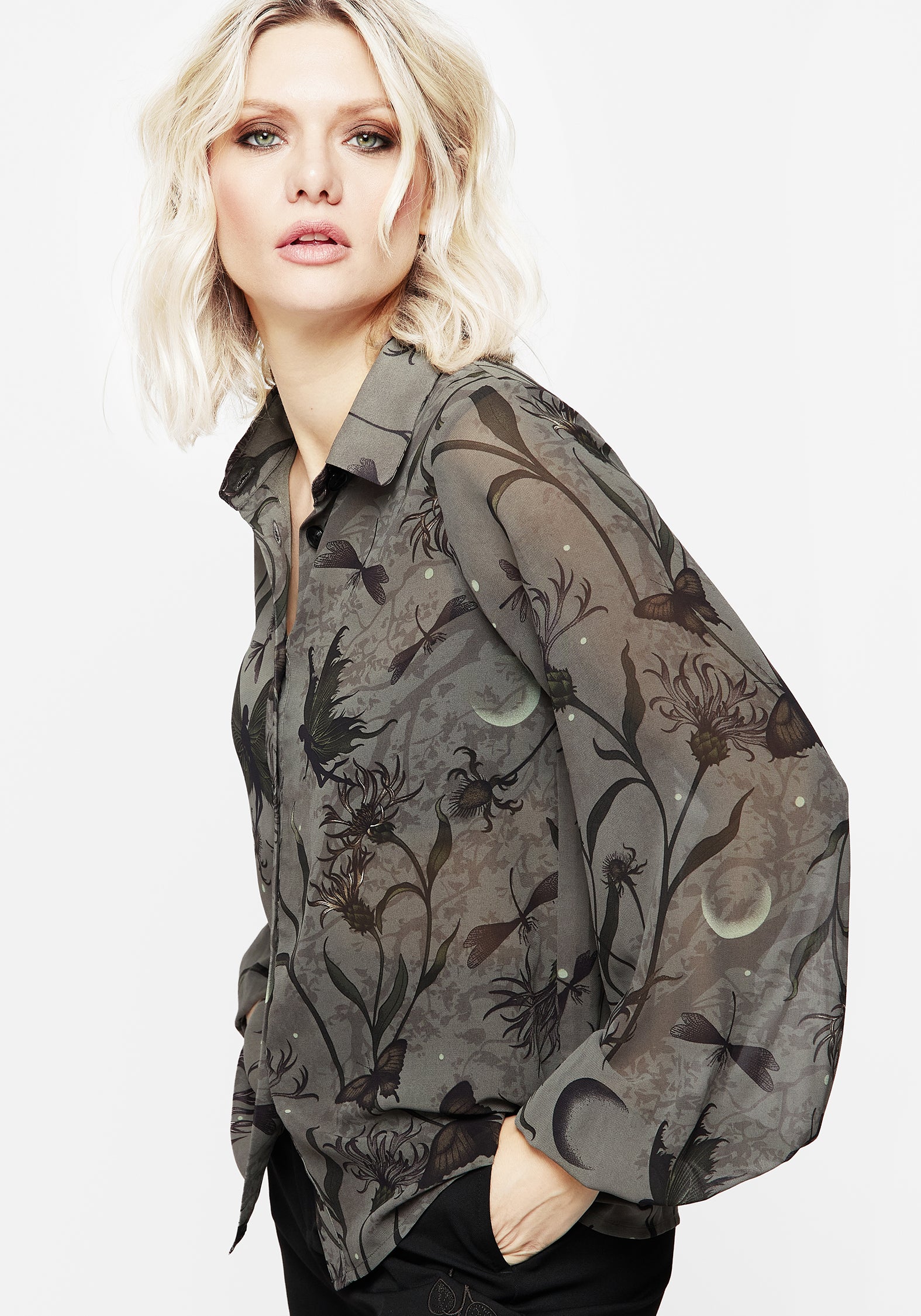 Grey Floral Print Chiffon Shirt with Pointed Collar | Gloriana