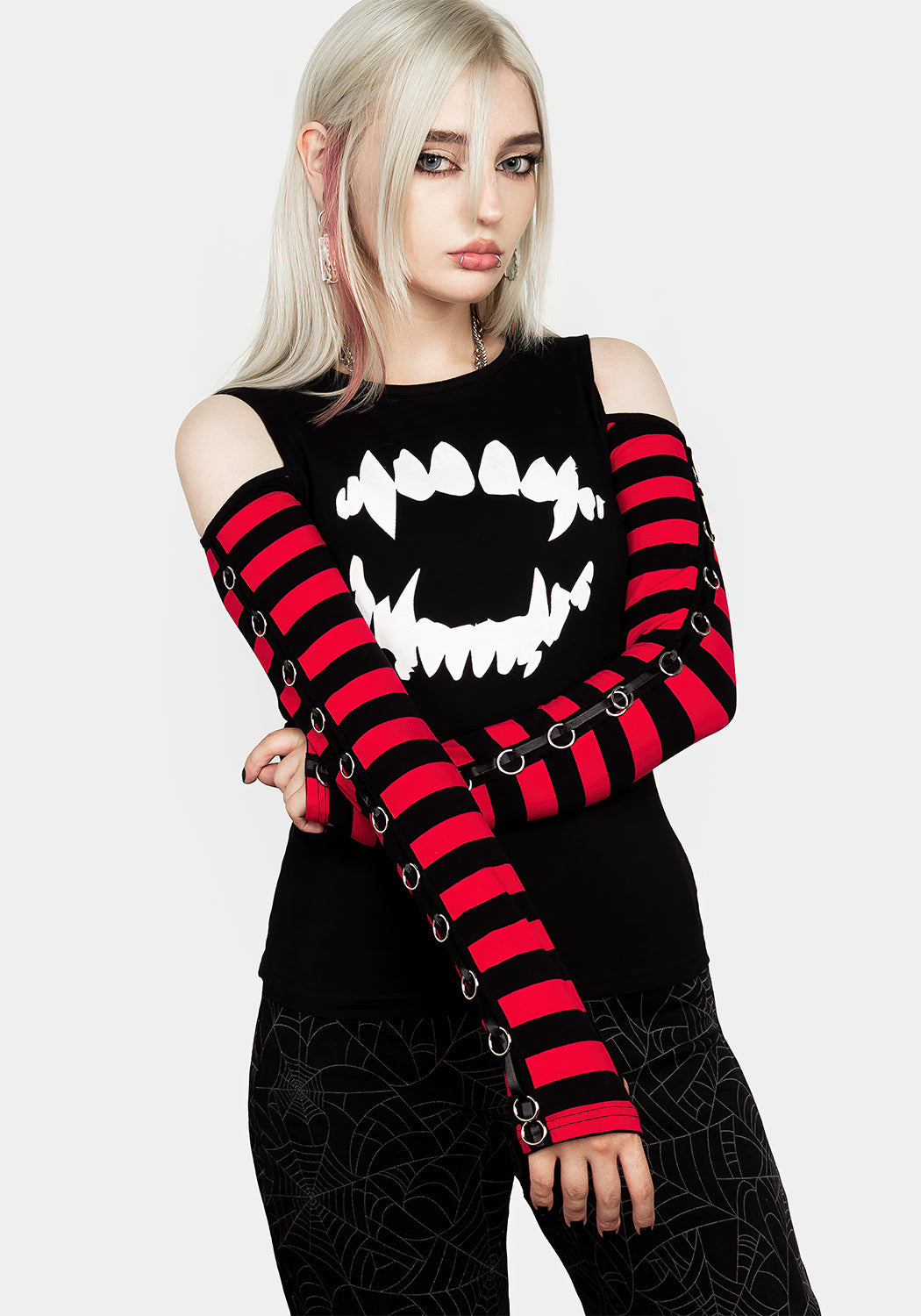 Long Sleeve Cold Shoulder T-Shirt with Stripe Sleeves & Vampire Print | Rawr Tee