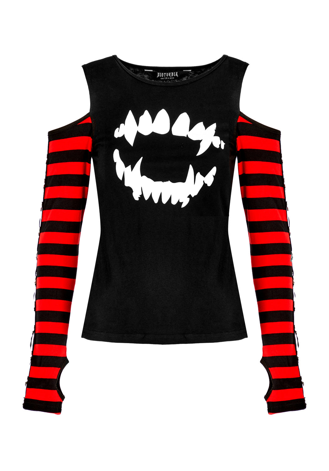 Long Sleeve Cold Shoulder T-Shirt with Stripe Sleeves & Vampire Print | Rawr Tee