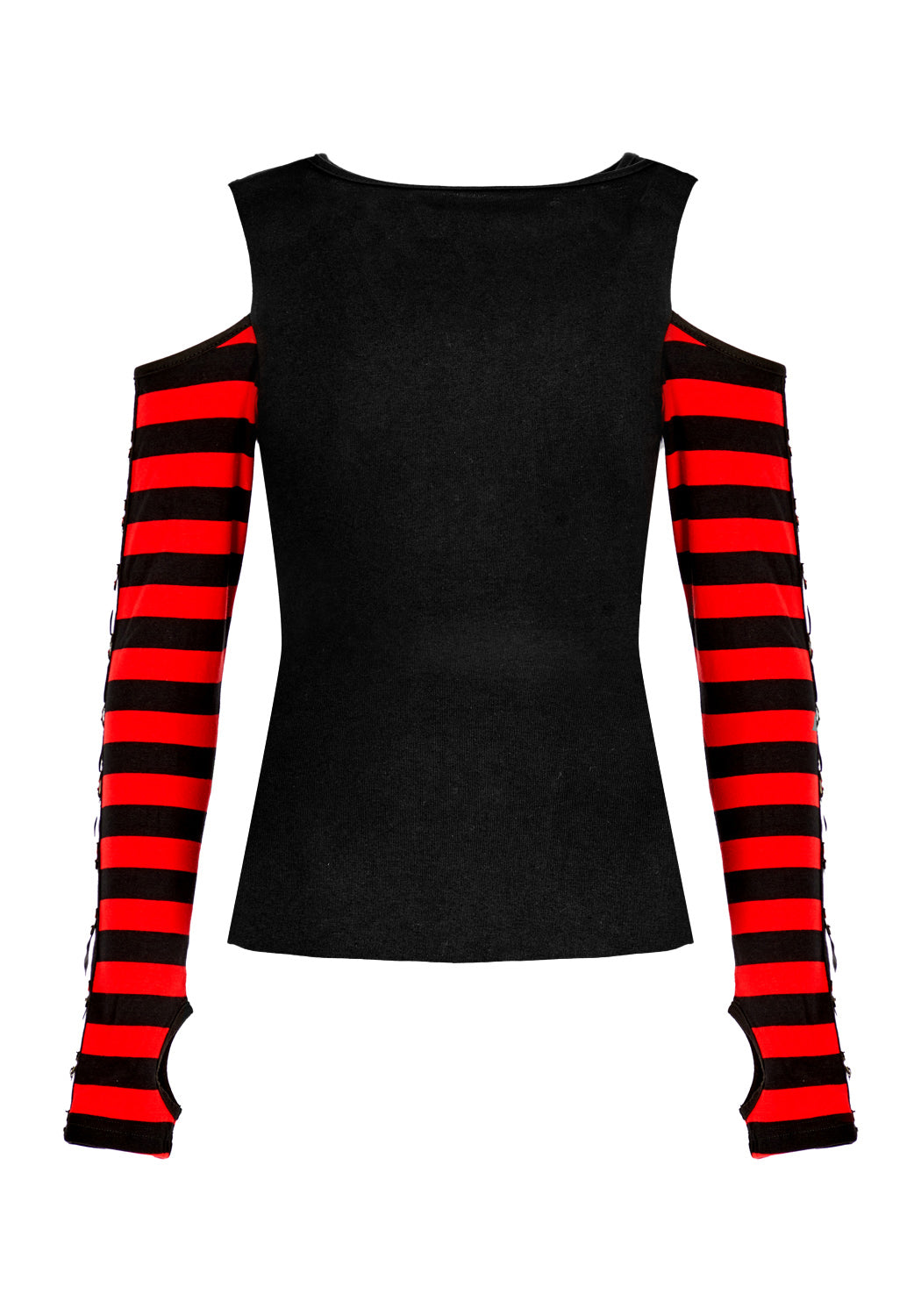 Long Sleeve Cold Shoulder T-Shirt with Stripe Sleeves & Vampire Print | Rawr Tee