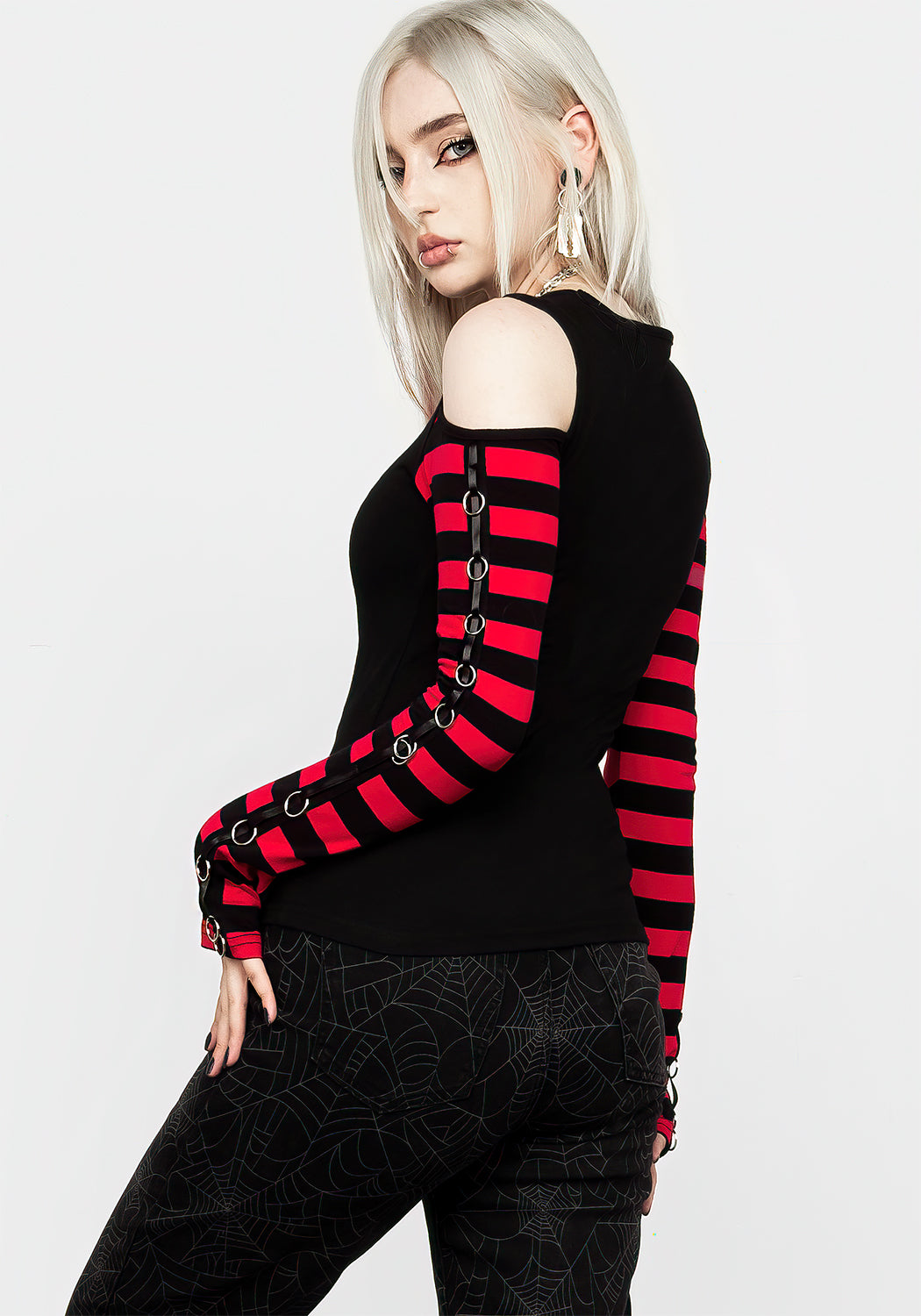 Long Sleeve Cold Shoulder T-Shirt with Stripe Sleeves & Vampire Print | Rawr Tee