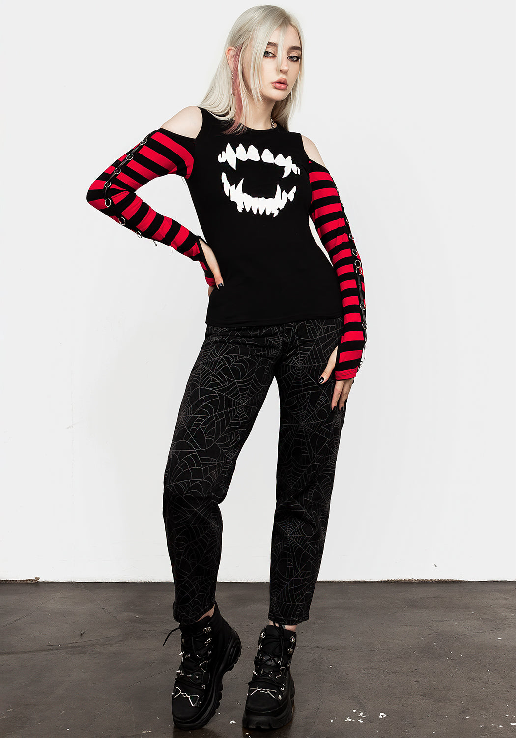 Long Sleeve Cold Shoulder T-Shirt with Stripe Sleeves & Vampire Print | Rawr Tee