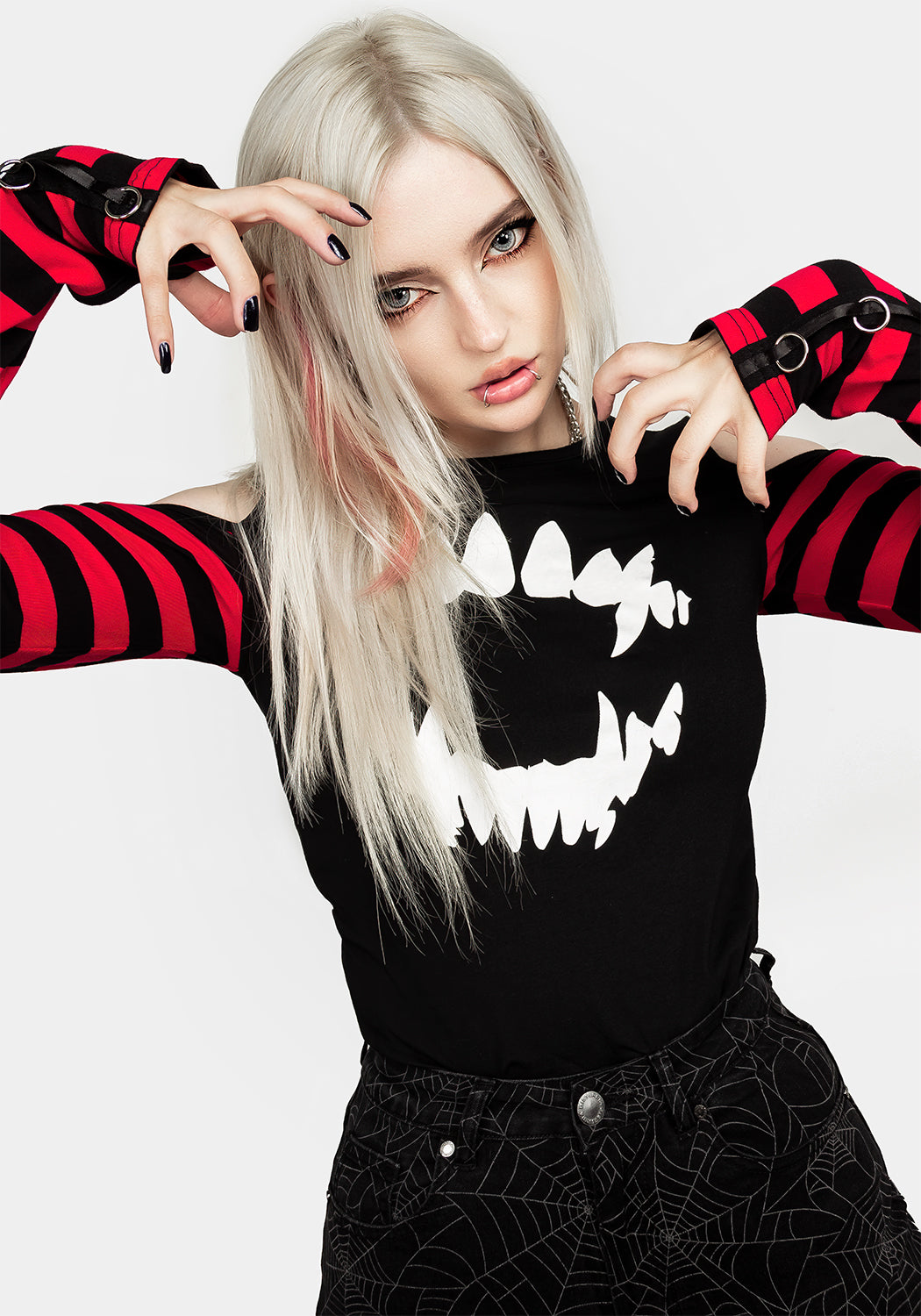 Long Sleeve Cold Shoulder T-Shirt with Stripe Sleeves & Vampire Print | Rawr Tee