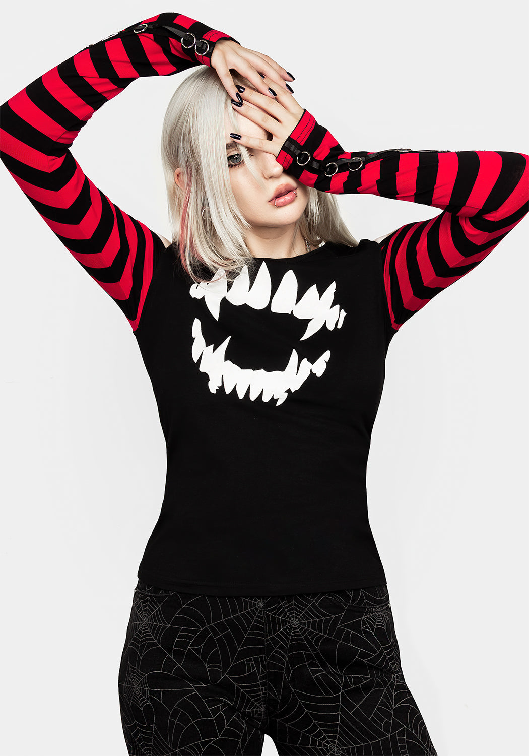 Long Sleeve Cold Shoulder T-Shirt with Stripe Sleeves & Vampire Print | Rawr Tee