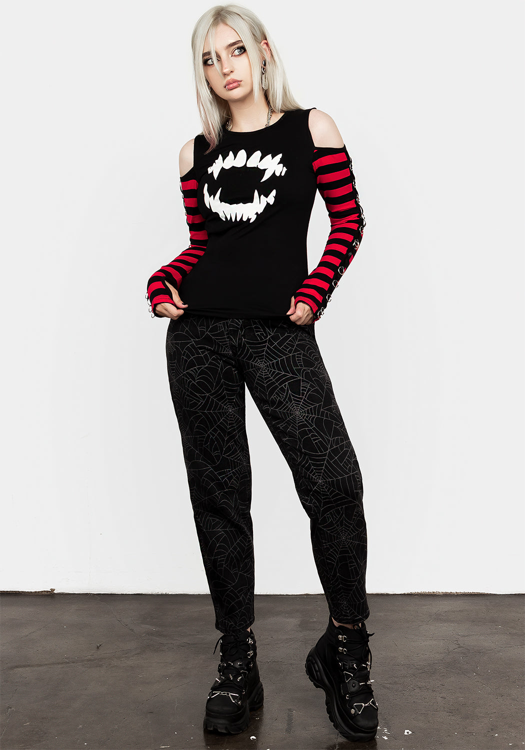 Long Sleeve Cold Shoulder T-Shirt with Stripe Sleeves & Vampire Print | Rawr Tee