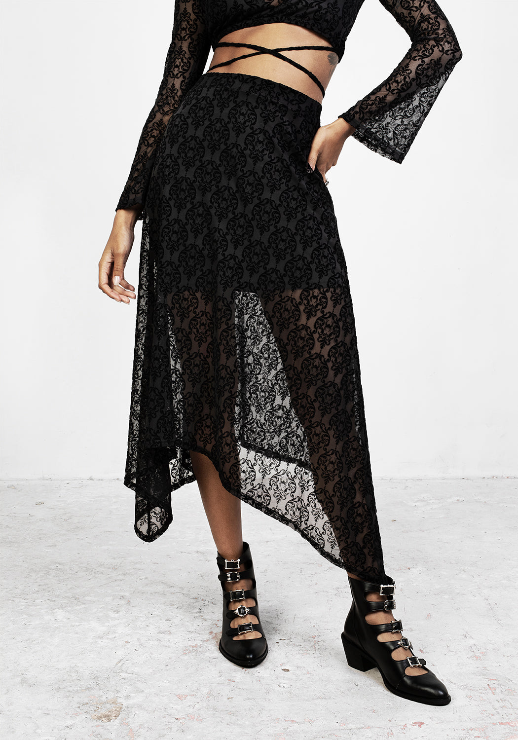 Black Sheer Handkerchief Skirt with Baroque Design | Delena