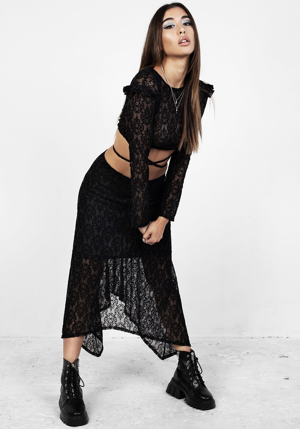Black Sheer Strappy Crop Top with Ruffles & Flared Sleeves | Delena