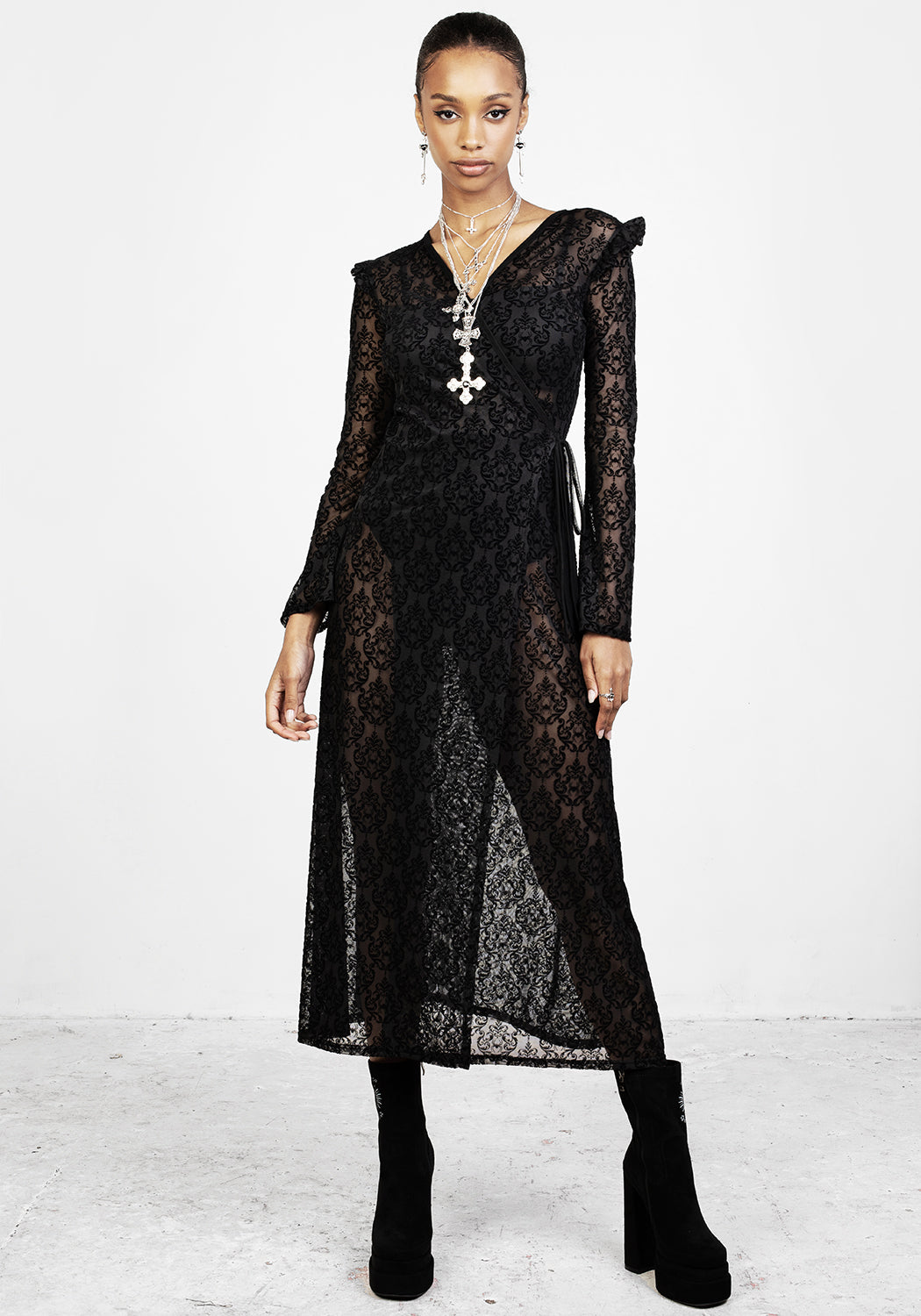 Black Sheer Maxi Wrap Dress with Ruffles & Waist Tie | Delena