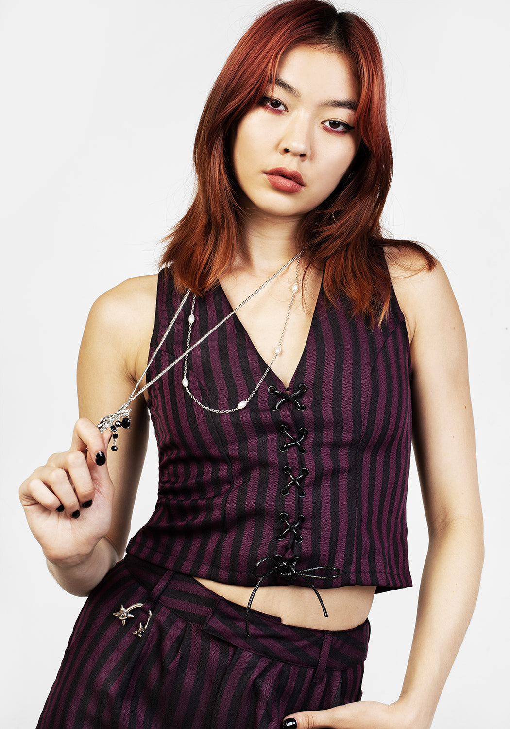 Purple & Black Striped Lace-Up Waistcoat for Emo Style | Hayley