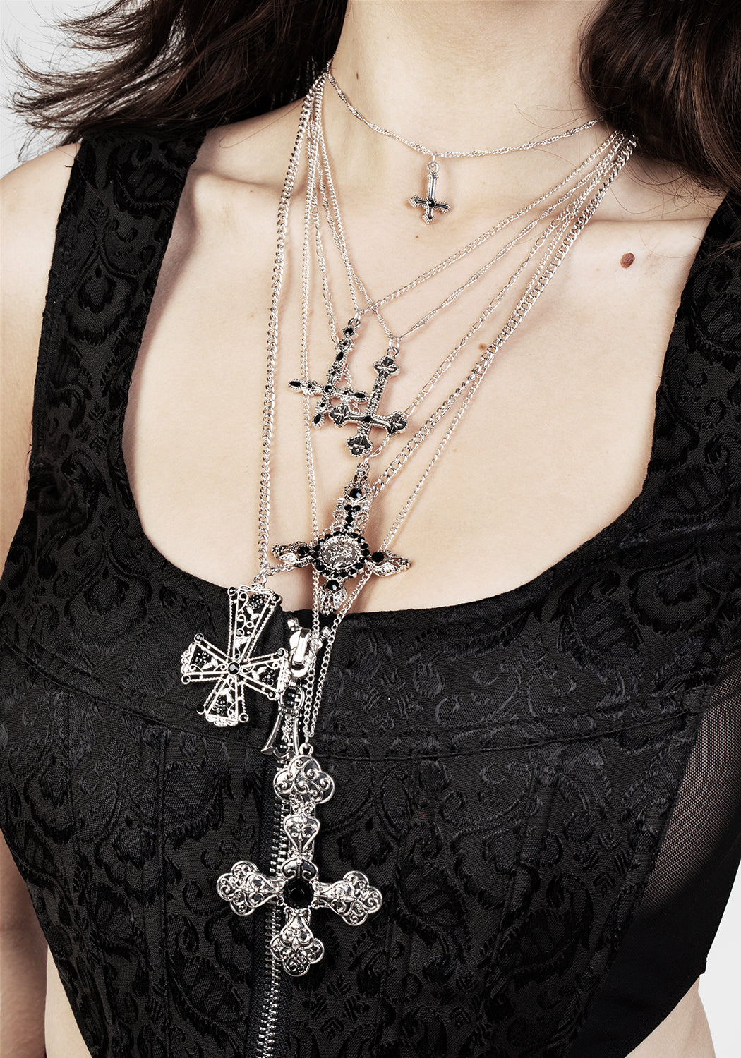 Layered Multi-Chain Necklace with Inverted Cross Pendant | Silver Gothic Jewelry