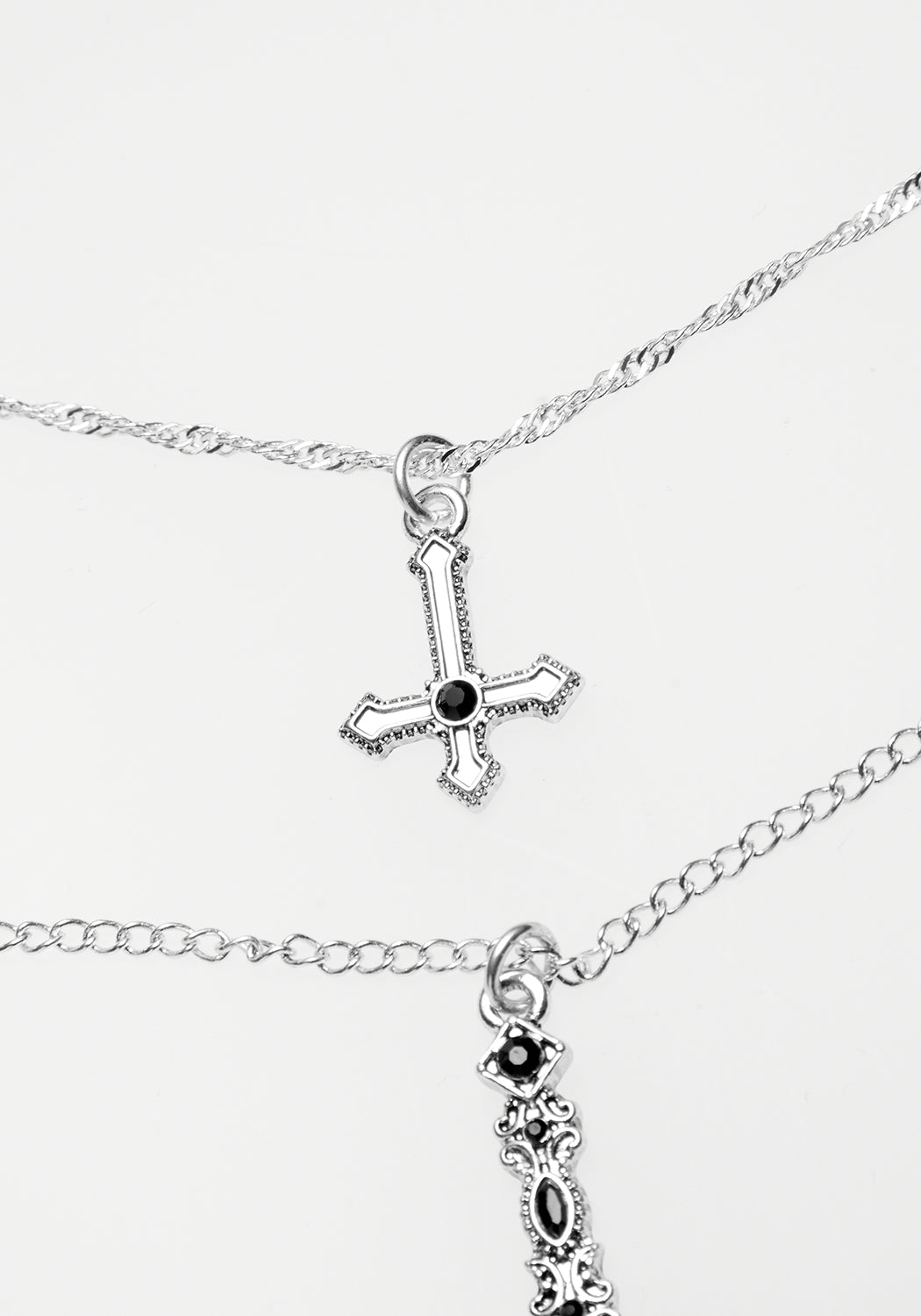 Layered Multi-Chain Necklace with Inverted Cross Pendant | Silver Gothic Jewelry