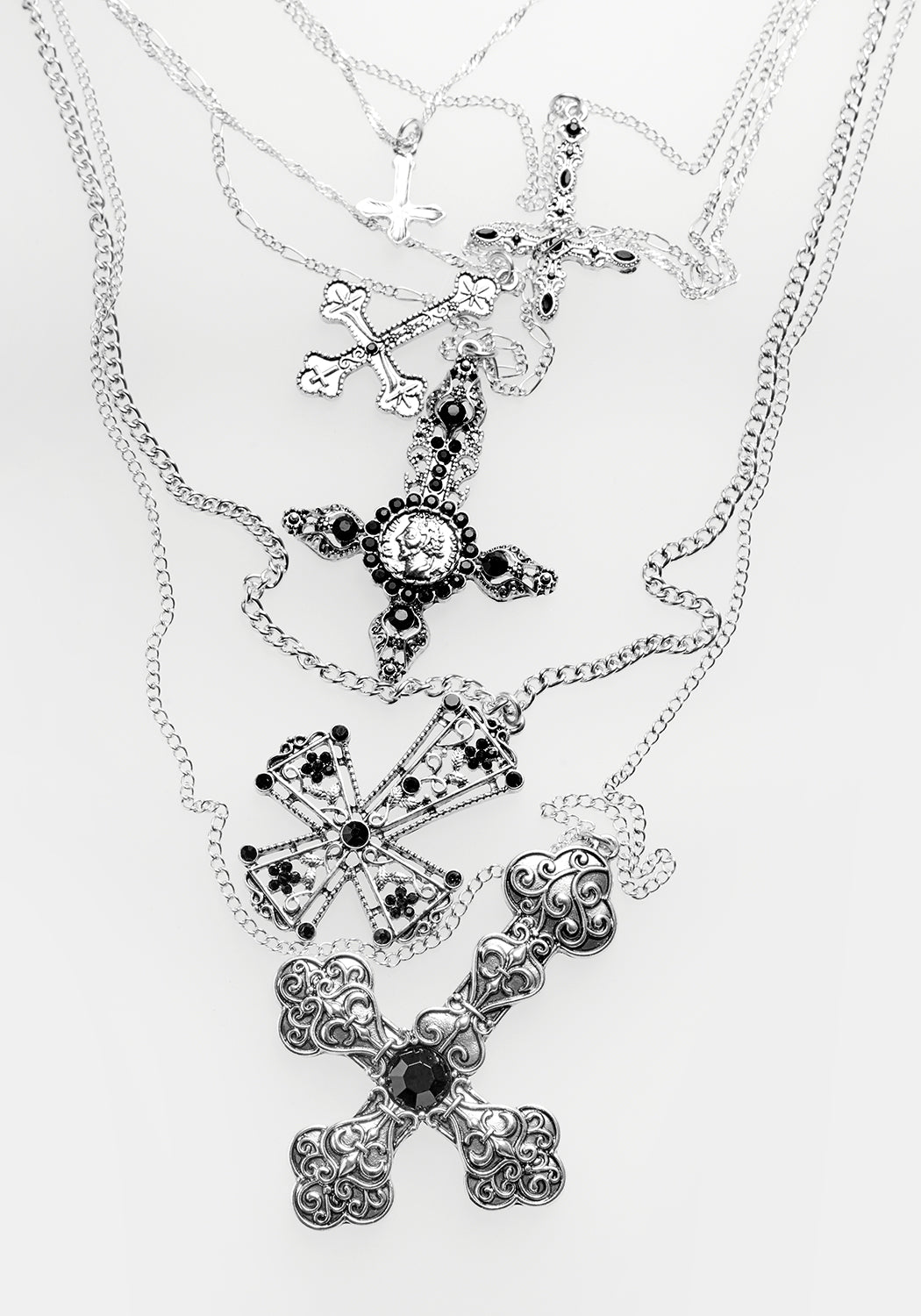 Layered Multi-Chain Necklace with Inverted Cross Pendant | Silver Gothic Jewelry