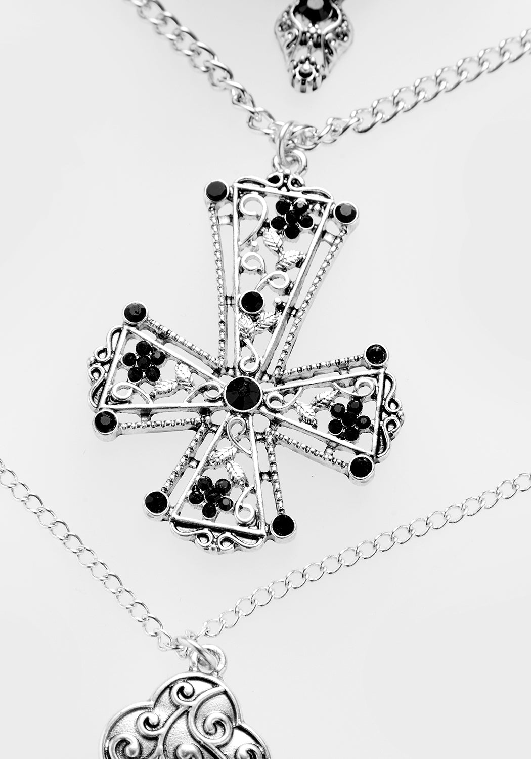 Layered Multi-Chain Necklace with Inverted Cross Pendant | Silver Gothic Jewelry