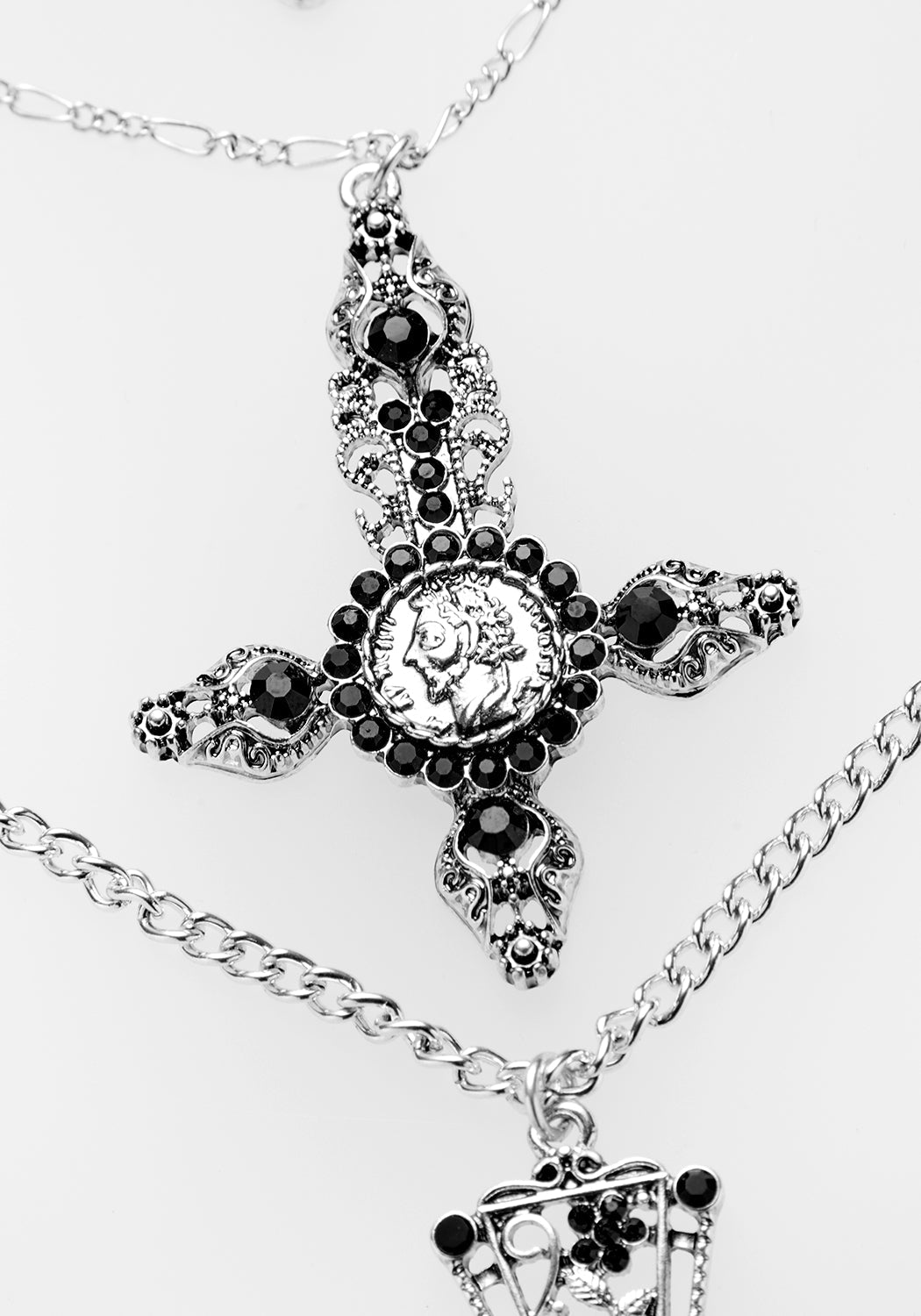 Layered Multi-Chain Necklace with Inverted Cross Pendant | Silver Gothic Jewelry