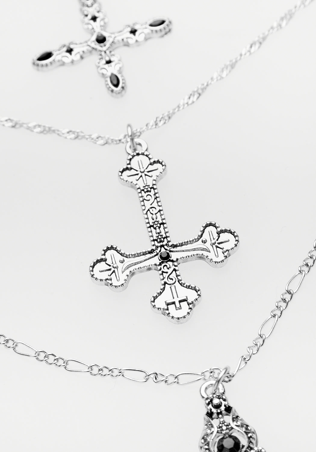 Layered Multi-Chain Necklace with Inverted Cross Pendant | Silver Gothic Jewelry