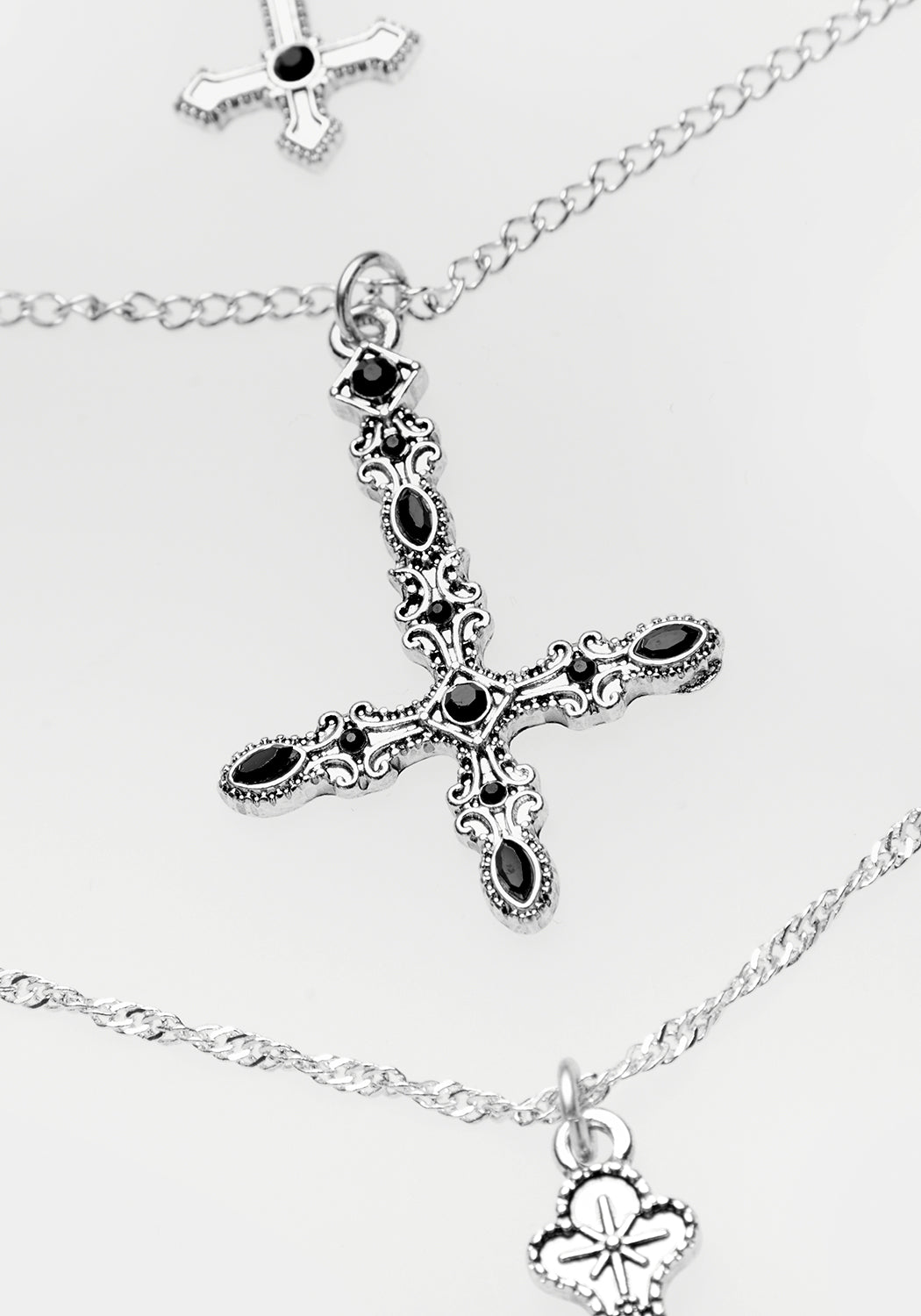 Layered Multi-Chain Necklace with Inverted Cross Pendant | Silver Gothic Jewelry
