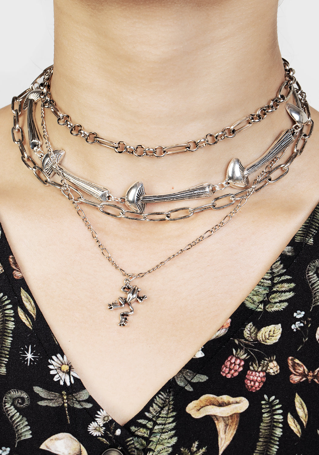 Layered Silver Necklace with Mushroom & Frog Charms | Lazarus Multi-Chain