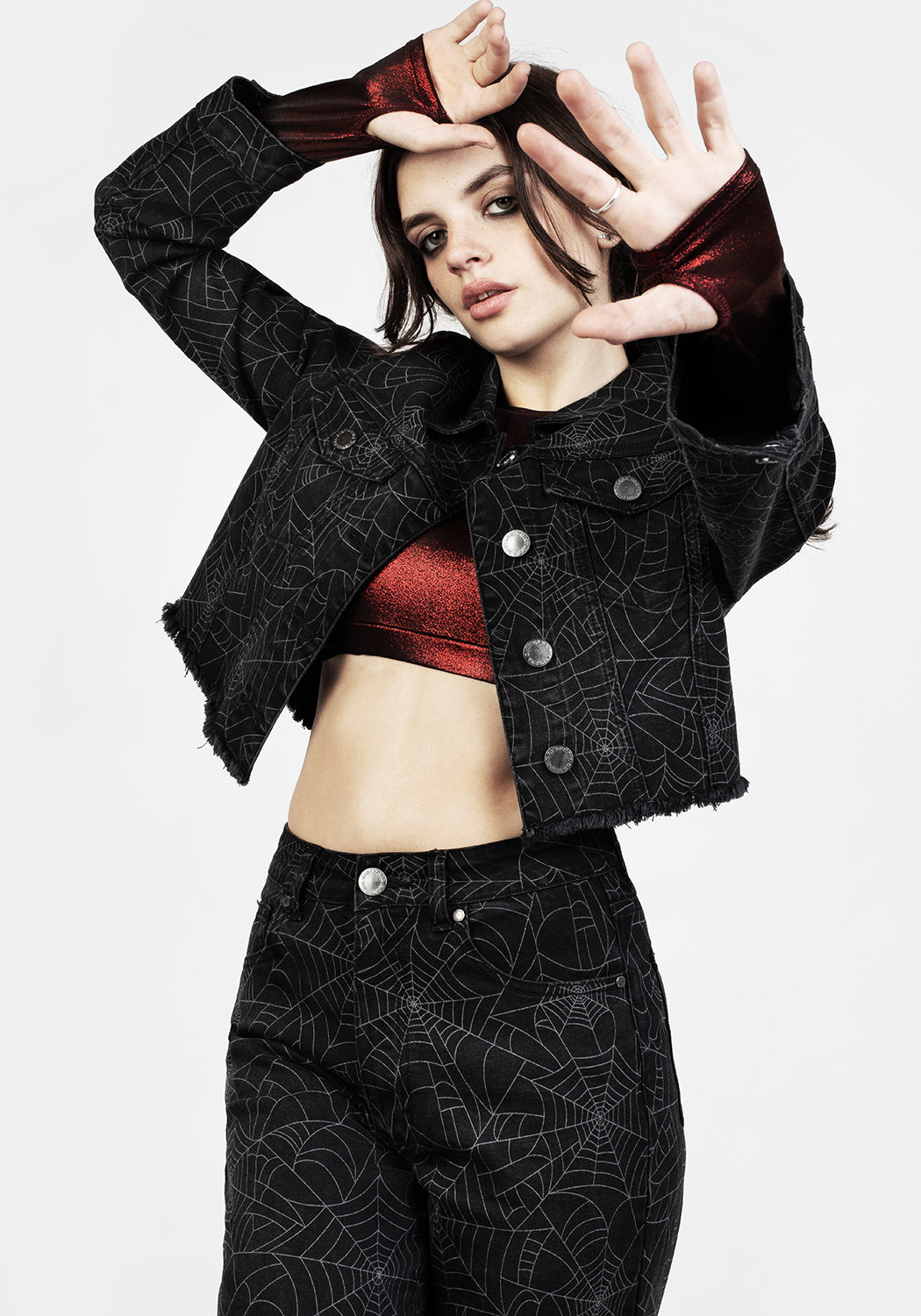 Black Relaxed Fit Denim Crop Jacket with Raw Hems | Venom