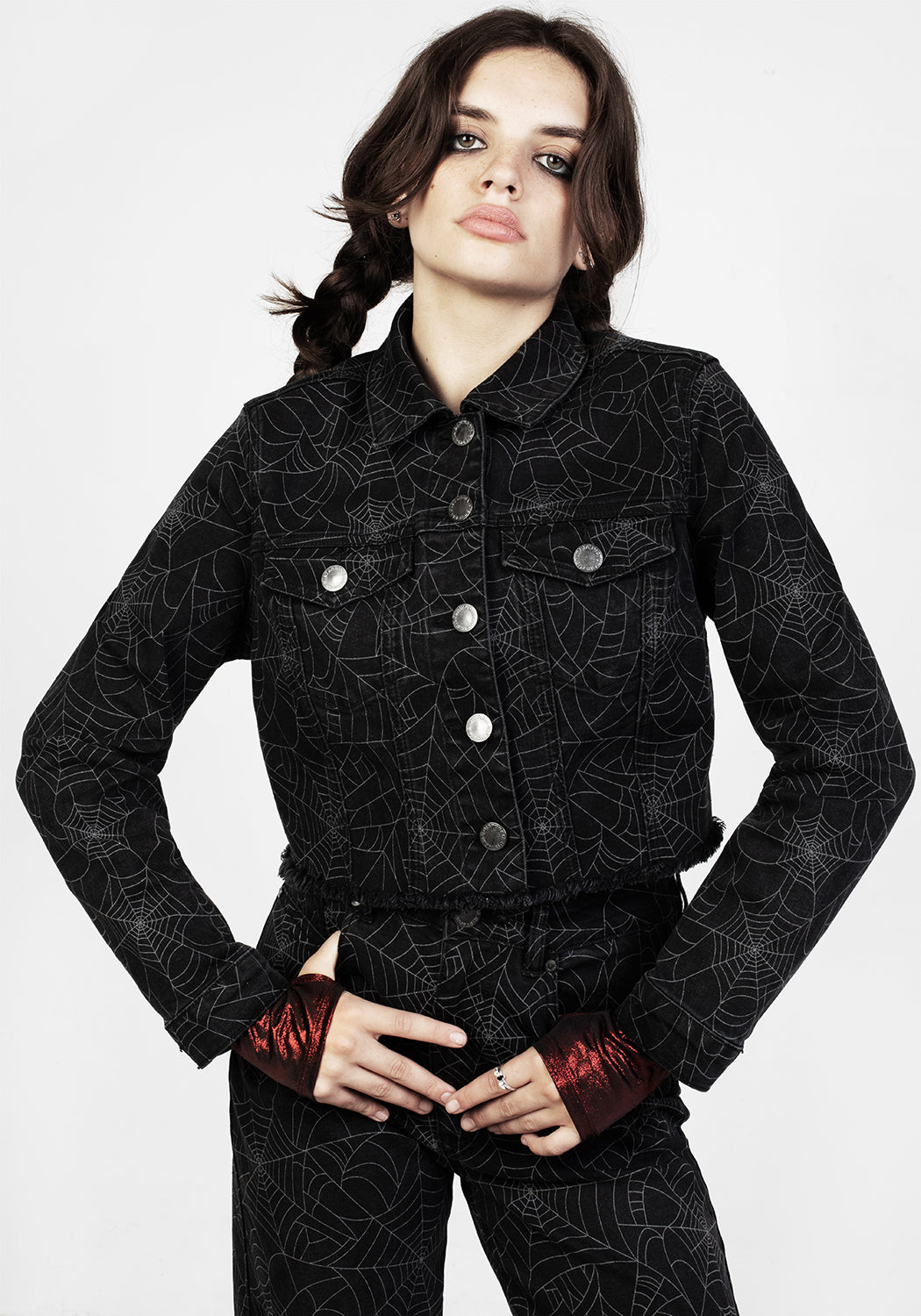 Black Relaxed Fit Denim Crop Jacket with Raw Hems | Venom
