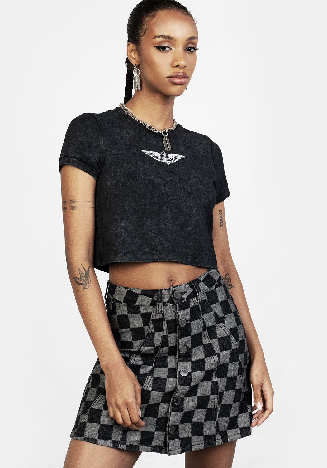 Checkerboard Denim A-Line Mini Skirt with Pleats | KERB