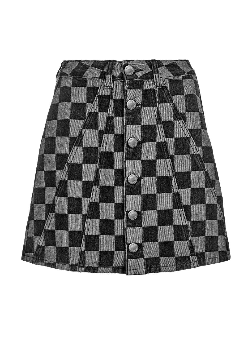 Checkerboard Denim A-Line Mini Skirt with Pleats | KERB