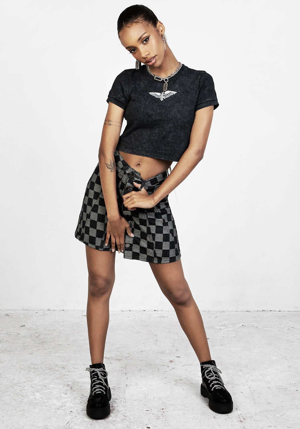 Checkerboard Denim A-Line Mini Skirt with Pleats | KERB