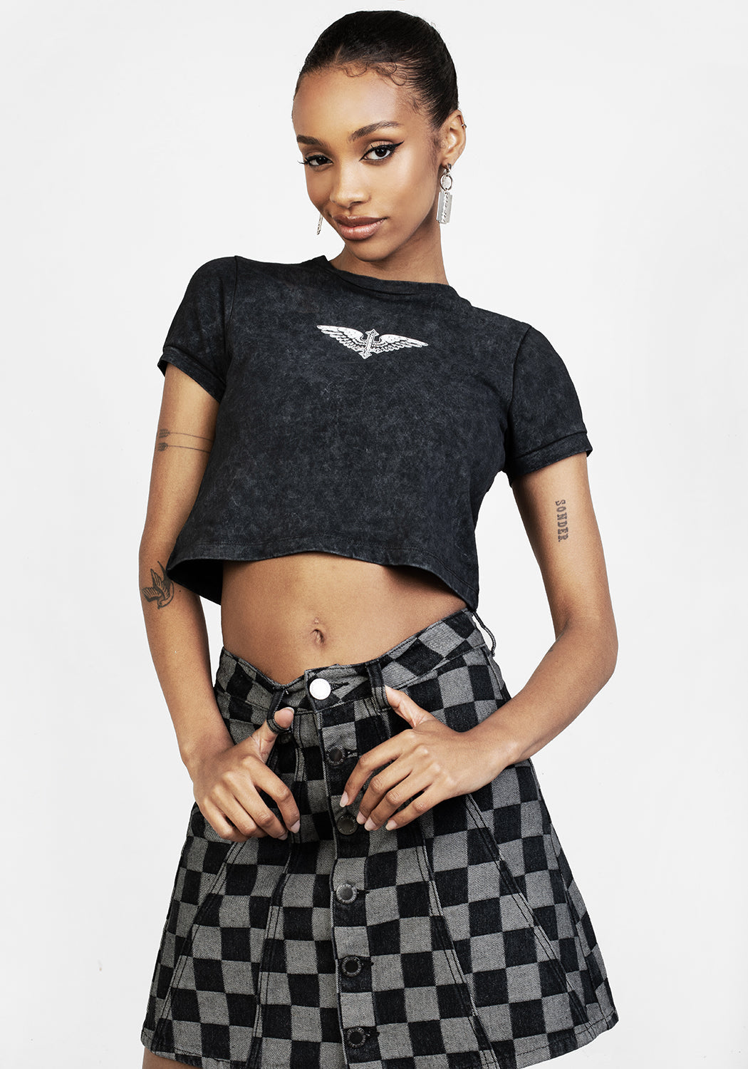Checkerboard Denim A-Line Mini Skirt with Pleats | KERB