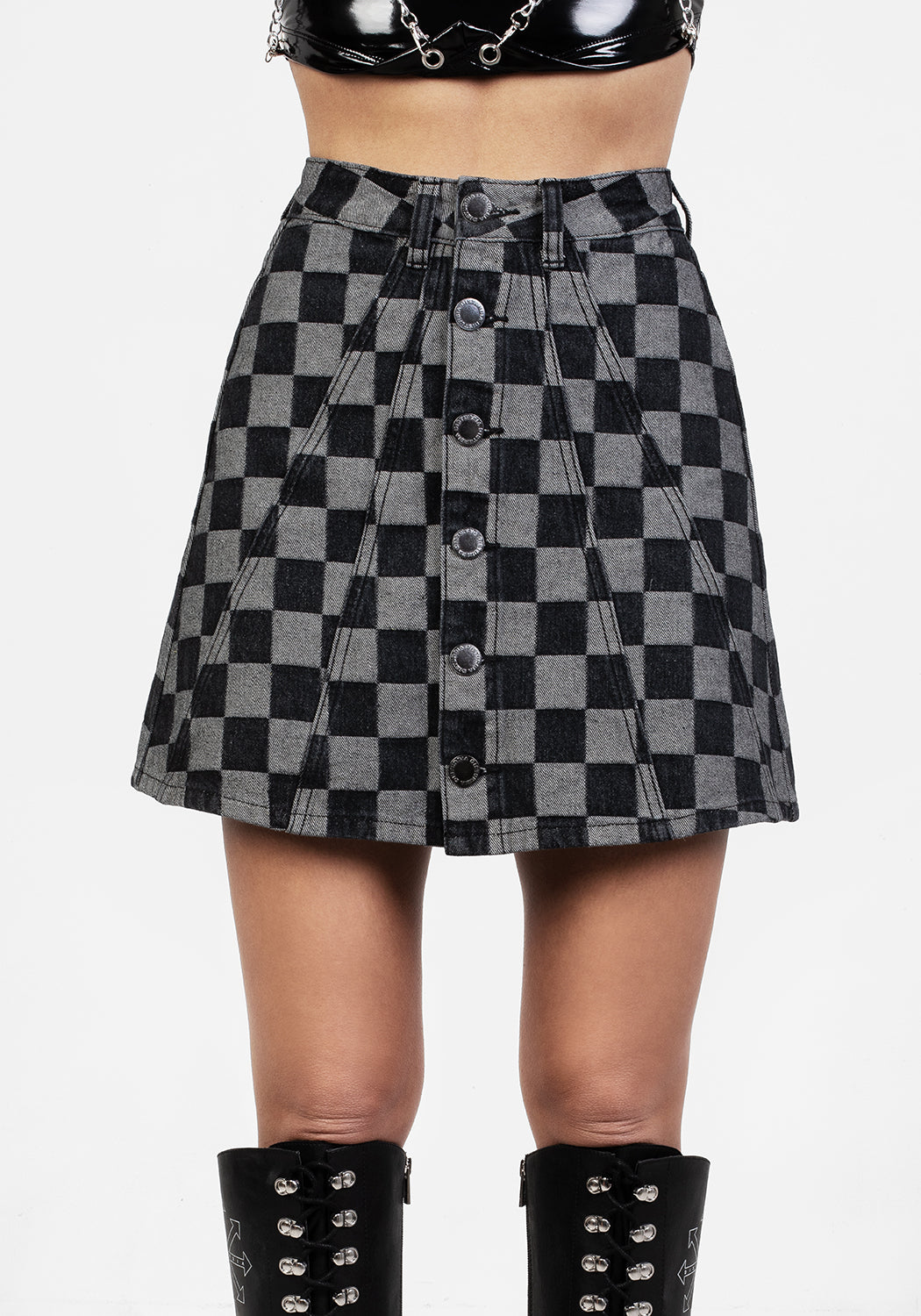 Checkerboard Denim A-Line Mini Skirt with Pleats | KERB