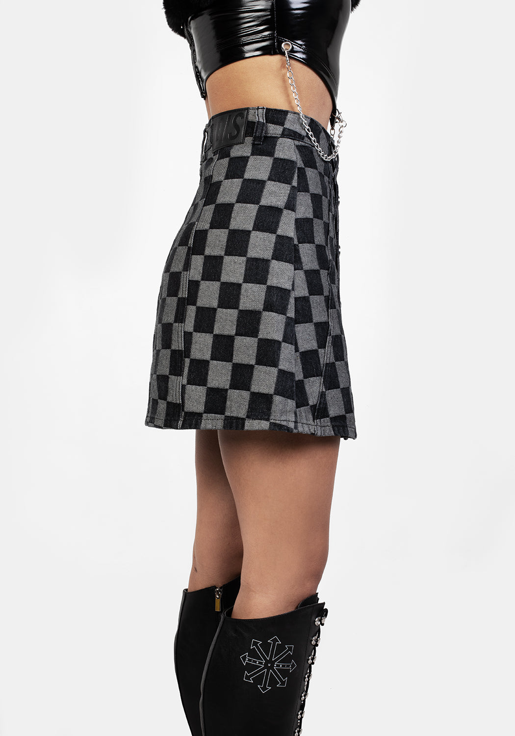 Checkerboard Denim A-Line Mini Skirt with Pleats | KERB