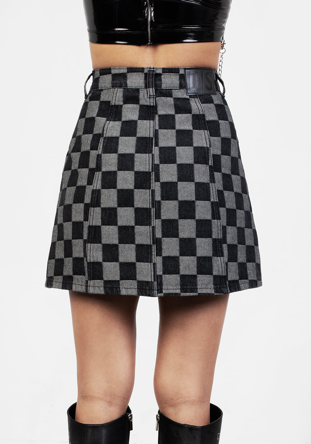 Checkerboard Denim A-Line Mini Skirt with Pleats | KERB