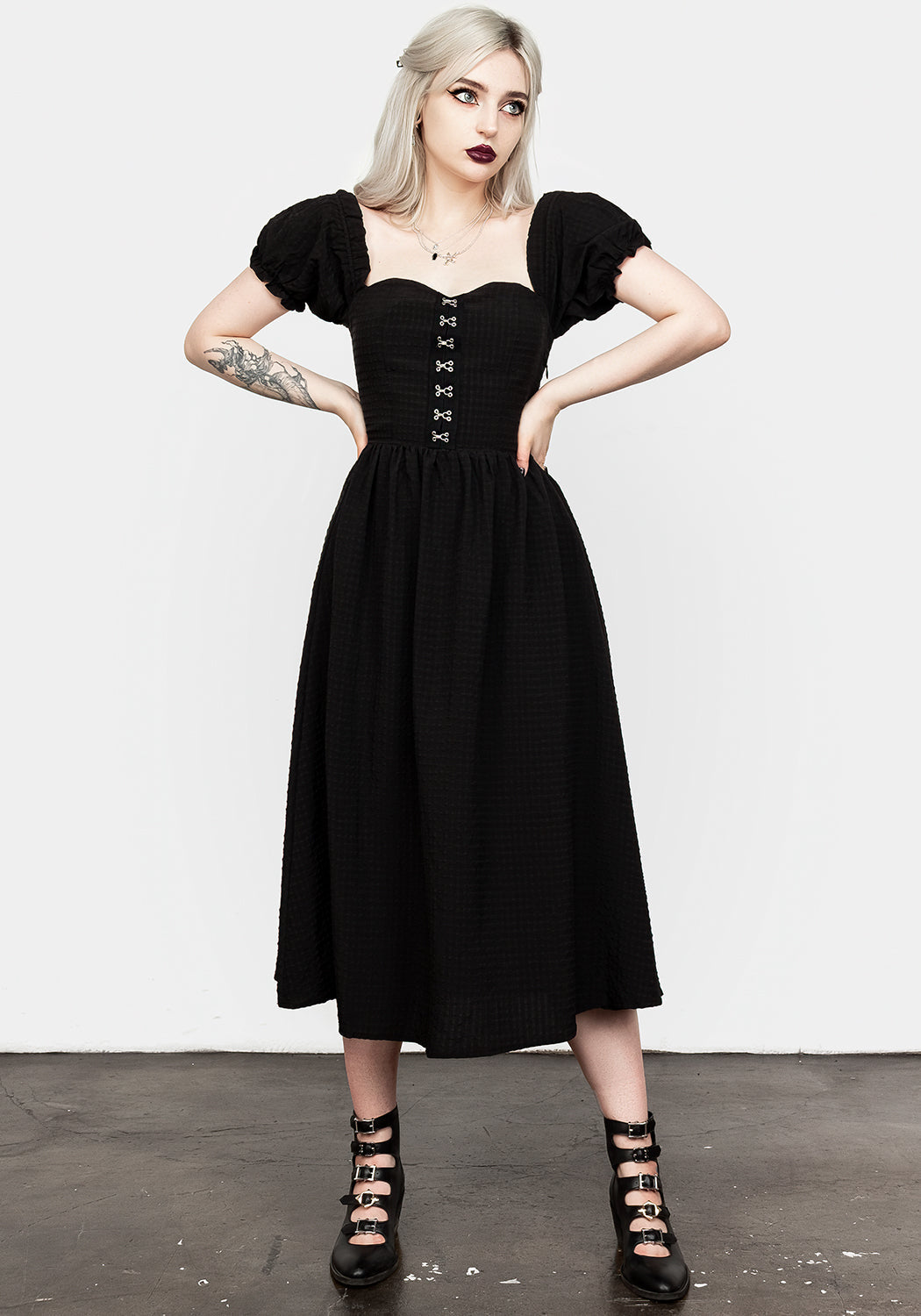 Black Gingham Midi Dress with Puff Sleeves | Mortem